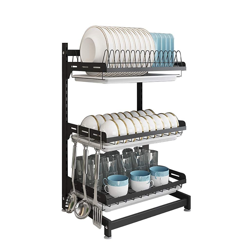 3-Tier Stainless Steel Dish Drying Rack with Drain Tray & Hooks - Space-Saving Kitchen Counter Organizer for Plates, Bowls & Spices (Black Coated, 15.8