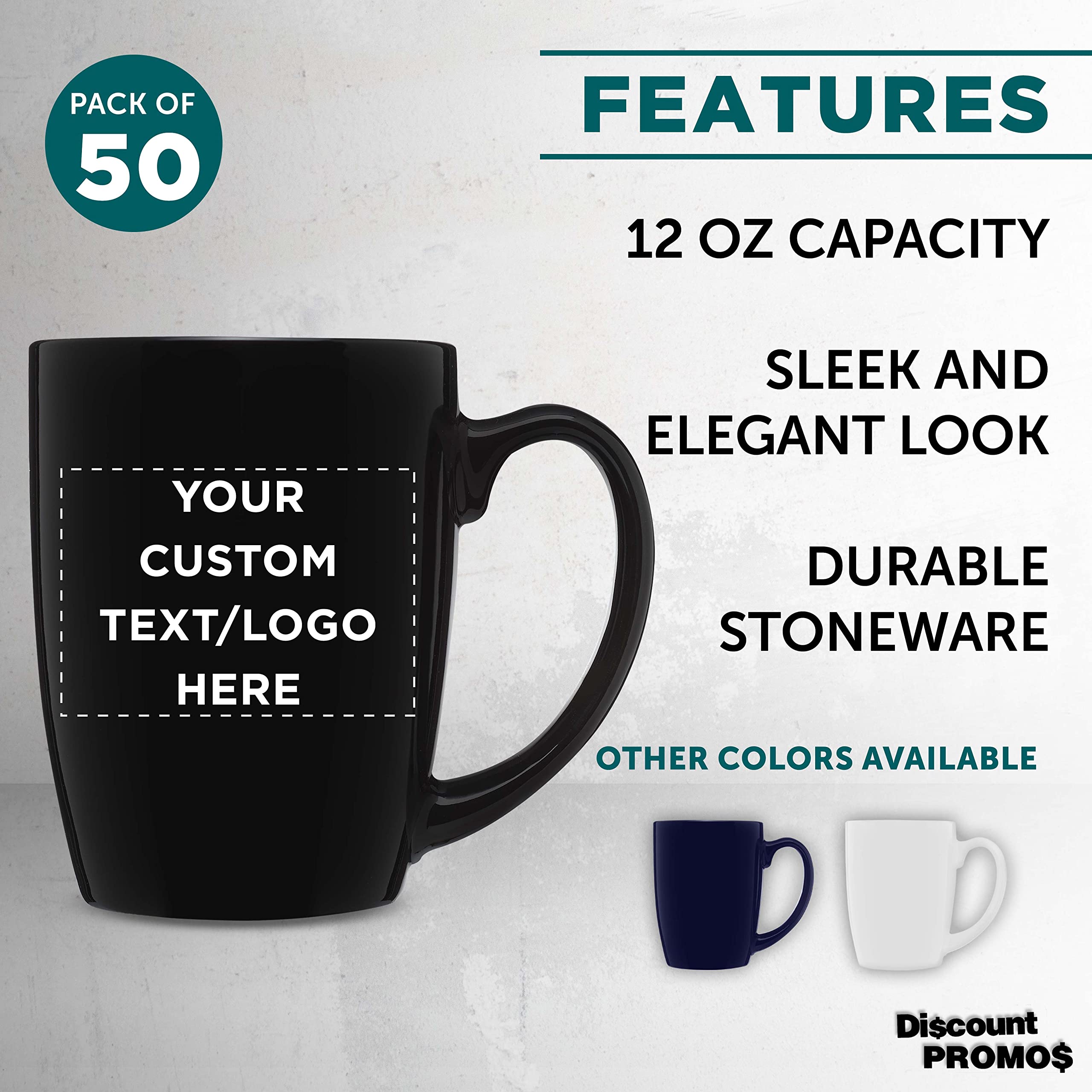 Custom Curved Java Coffee Mug Set - 50 Pack - Personalized Logo & Text - 12 Oz Stoneware Restaurant Cups - Black - Perfect for Cafes, Offices & Bulk Gifting