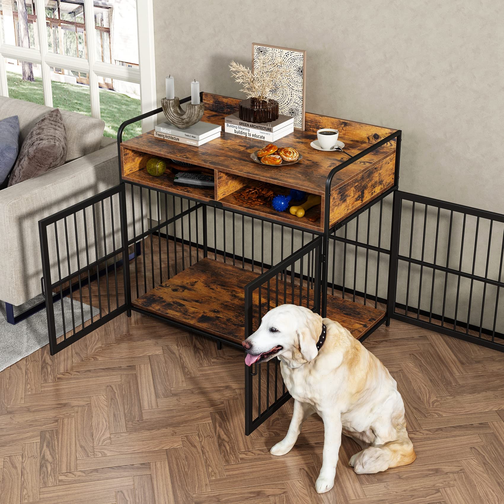 Large Heavy Duty Wooden Dog Crate with Storage Drawers - 40.5