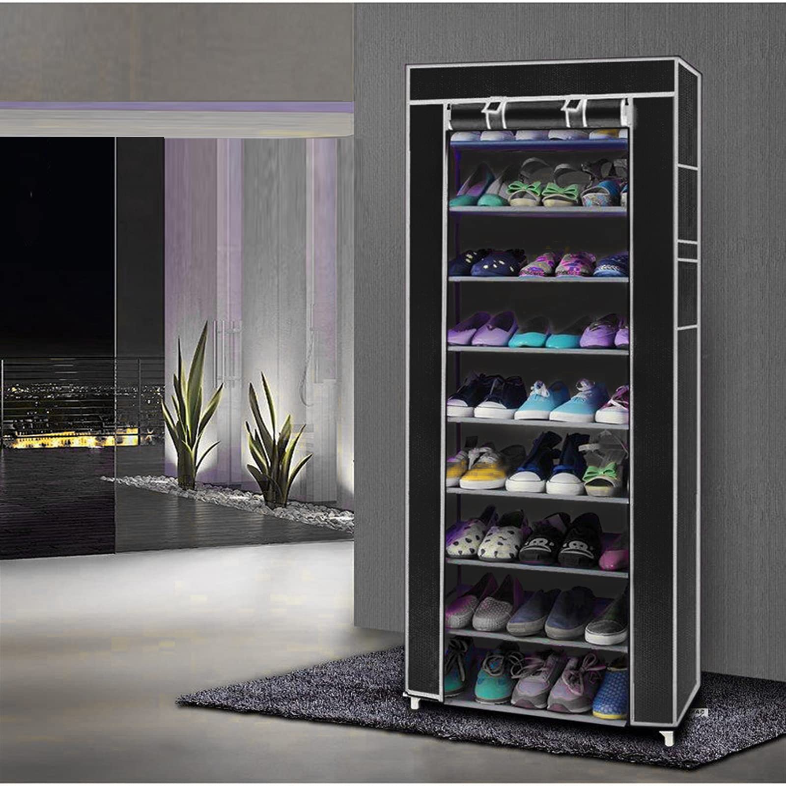 9-Tier 10-Shelf Space Saving Shoe Rack Organizer - Non-Woven Fabric Free Standing Tall Shoe Storage with Cover for Closet, Bedroom & Entryway - Black (Fashionable & Durable)