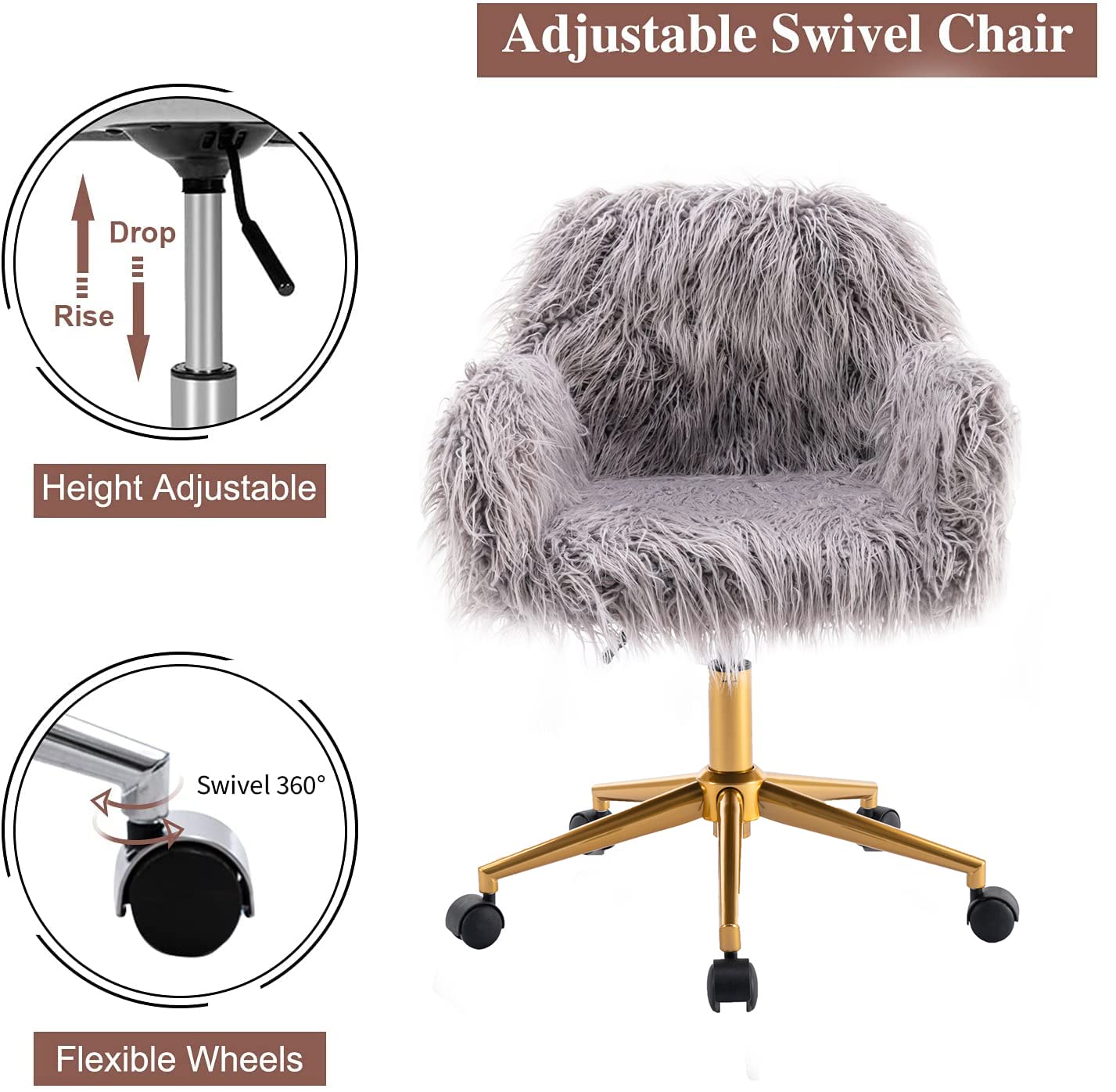 Luxury Faux Fur Office Chair with Gold Legs - Adjustable Swivel Vanity Chair for Women & Teens, Soft Fluffy Desk Chair for Home Office, Makeup Room & Bedroom (Grey) - Perfect for Working, Studying & Relaxing in Style