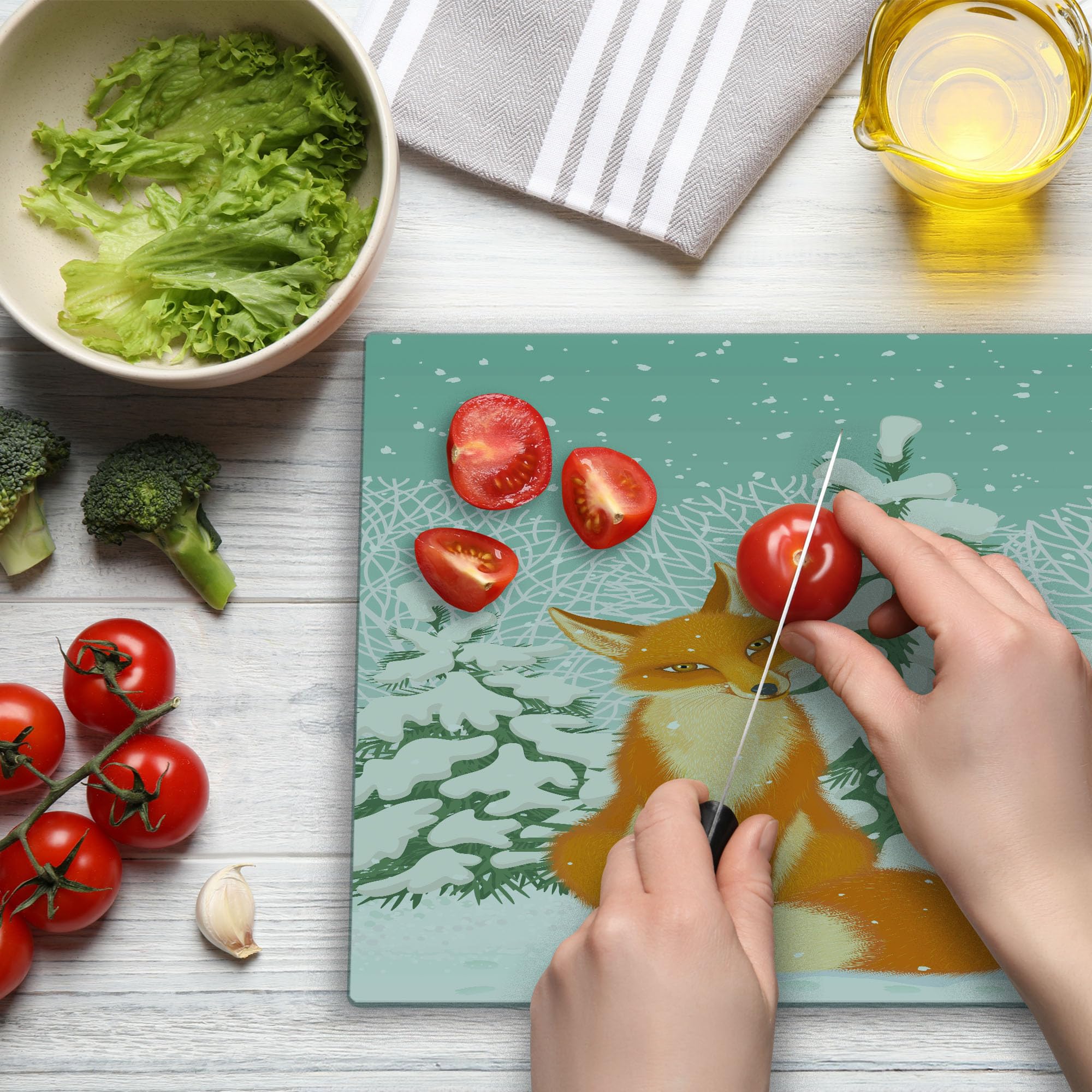 Ambesonne Tempered Glass Cutting Board - Red Fox in Winter Forest with Snow-Covered Pine Trees, Christmas Cartoon Design, Large Decorative Serving Board in Orange, White, Almond Green | Perfect for Holiday Entertaining, Kitchen Decor & Gift Giving