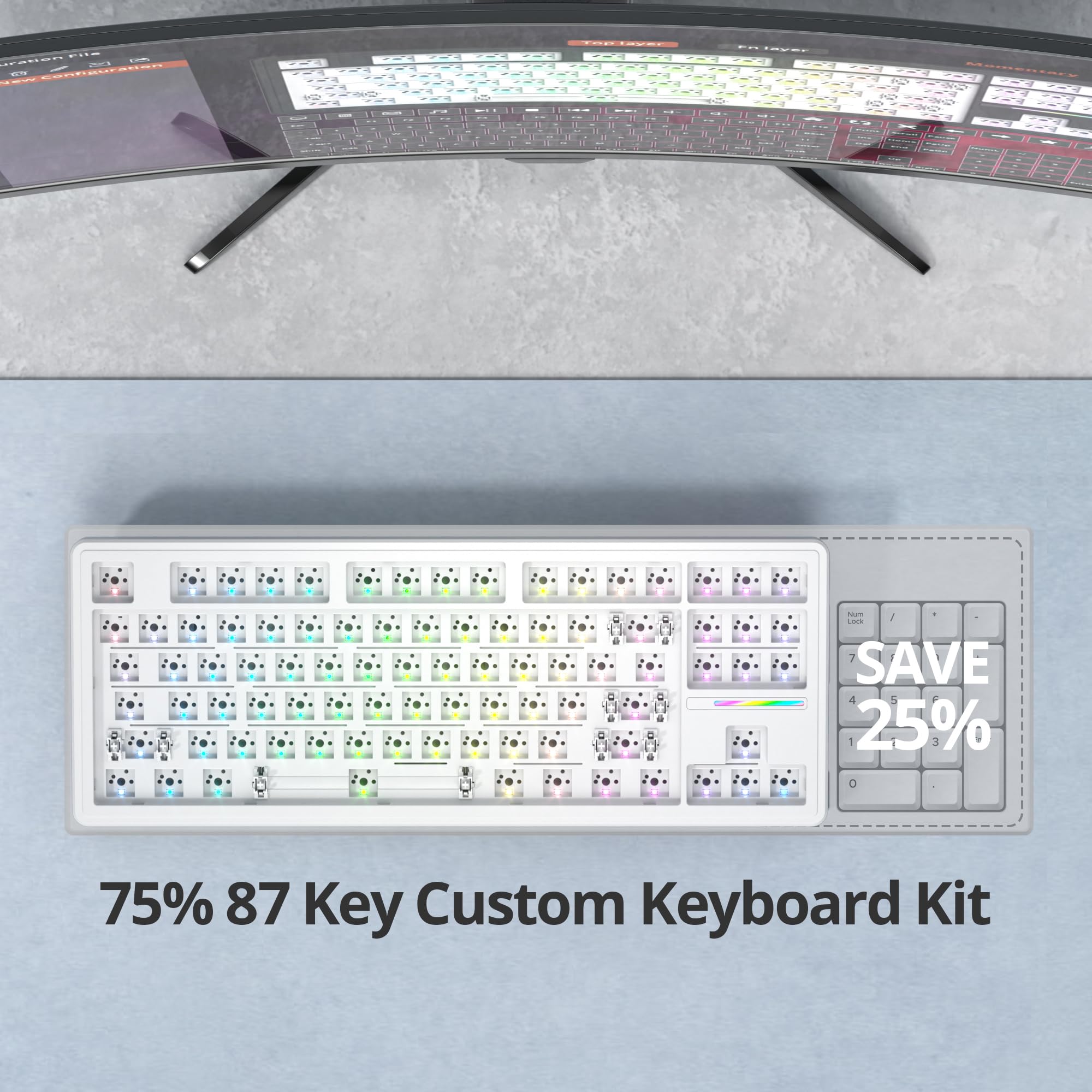 75% Custom Barebones Keyboard Kit - Gasket Mounted, Blank DIY Silent TKL Mechanical Gaming Keyboard PCB - Hot Swappable 3pin/5pin Switch with South-Facing RGB for Windows/Mac (M87 Kit-White) - Perfect for Gaming, Programming & Office Work