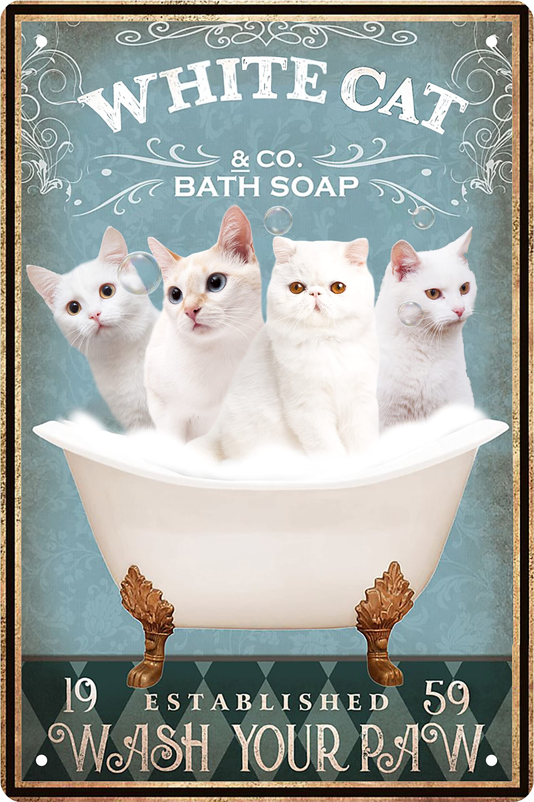 Vintage White Cat Metal Tin Sign - 8x12 Inch Retro Wall Art Decor for Bathroom, Bathtub, Farmhouse, Home Bar - Perfect Gift for Cat Lovers (Funny & Unique Home Accessory)