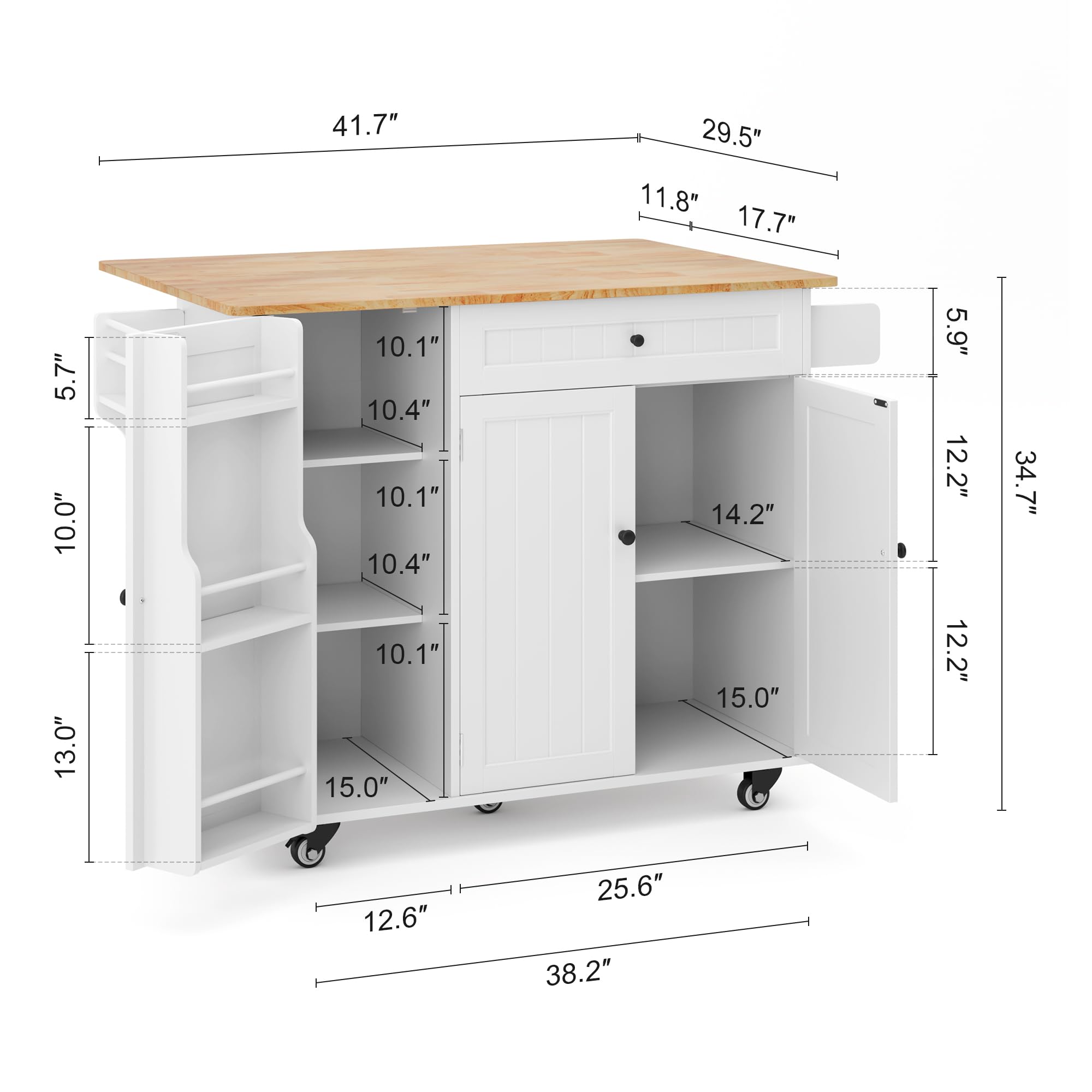 Ahomly Kitchen Island with Storage - White Drop Leaf Table with 5 Wheels, Internal Storage Rack, Drawer, Spice Rack & Towel Bar - Perfect for Small Kitchens, Dining Prep & Extra Counter Space
