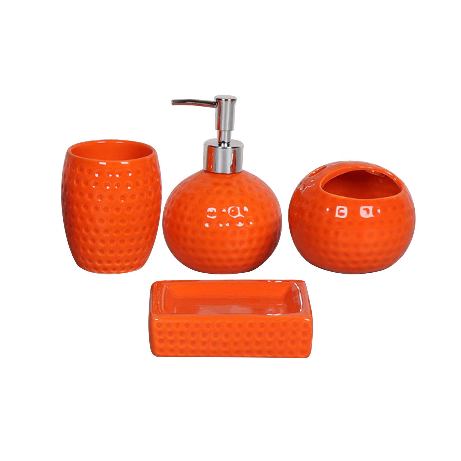 4-Piece Ceramic Bathroom Accessory Set - Soap Dispenser, Toothbrush Holder, Soap Dish & Tumbler Cup - Orange - Complete Bathroom Decor for Modern Homes, Apartments & Guest Bathrooms