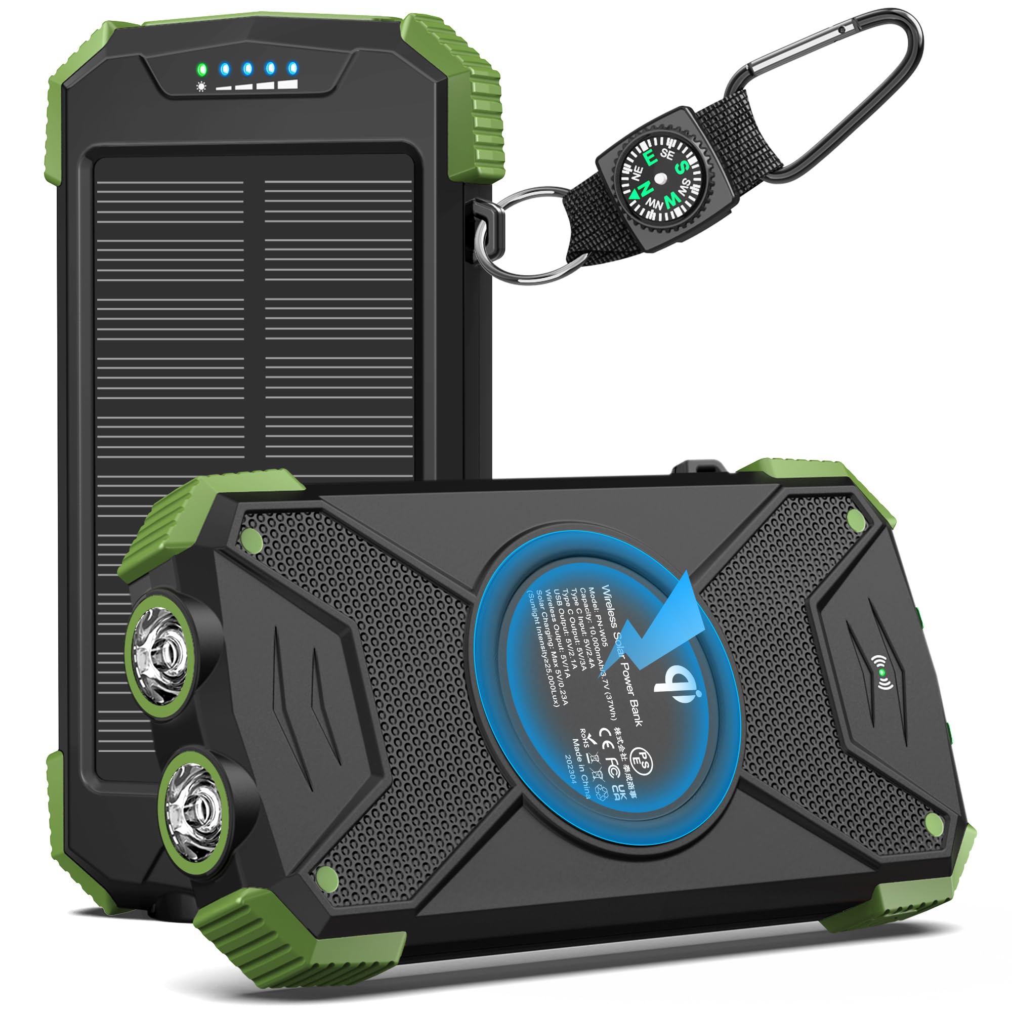 BLAVER 10,000mAh Solar Power Bank with Wireless Charging & 20W Fast Charge | Portable External Battery Pack with USB-C for iPhone, Samsung | Solar Panel Charger with Dual Flashlights for Camping, Hiking & Outdoor Adventures