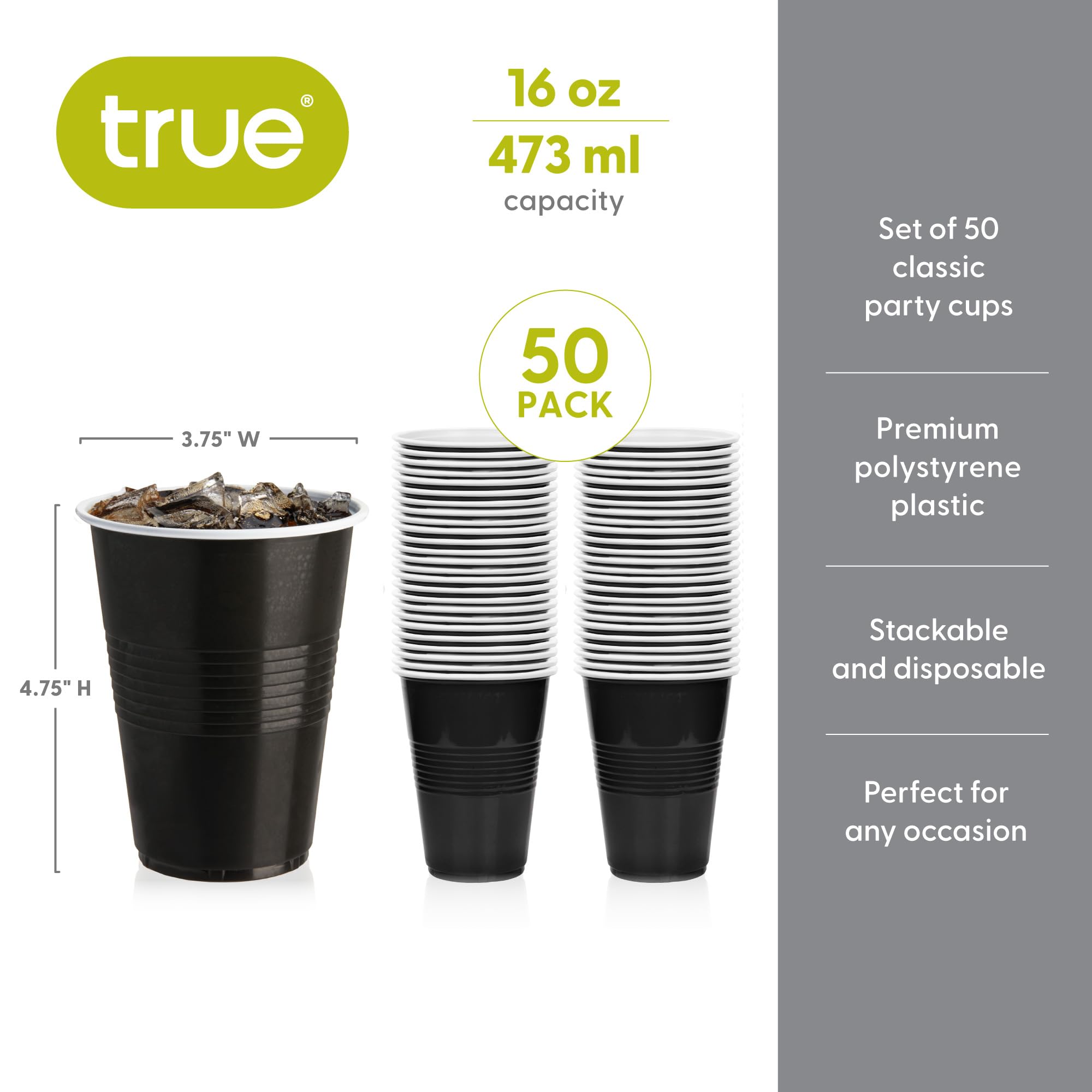 **50-Pack True Black 16oz Disposable Plastic Cups for Parties, Beer Pong, BBQs & Events - Heavy-Duty Drinking Cups for Soda, Cocktails & Beverages**