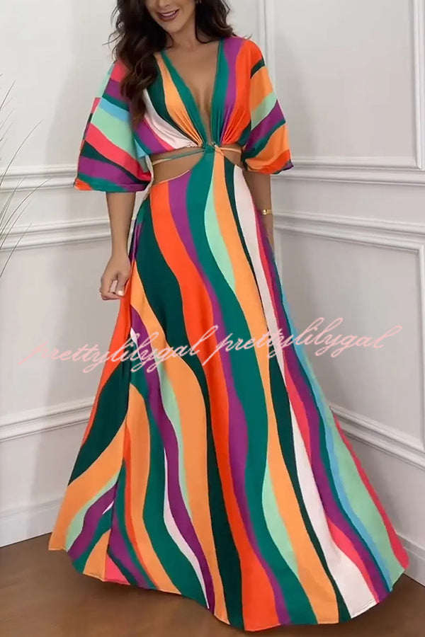 Wilma Unique Print Cutout Elastic Waist Tie Up Kimono Sleeve Maxi Dress - Women's Flowy Summer Beach Cover Up Dress for Vacation, Party & Boho Fashion