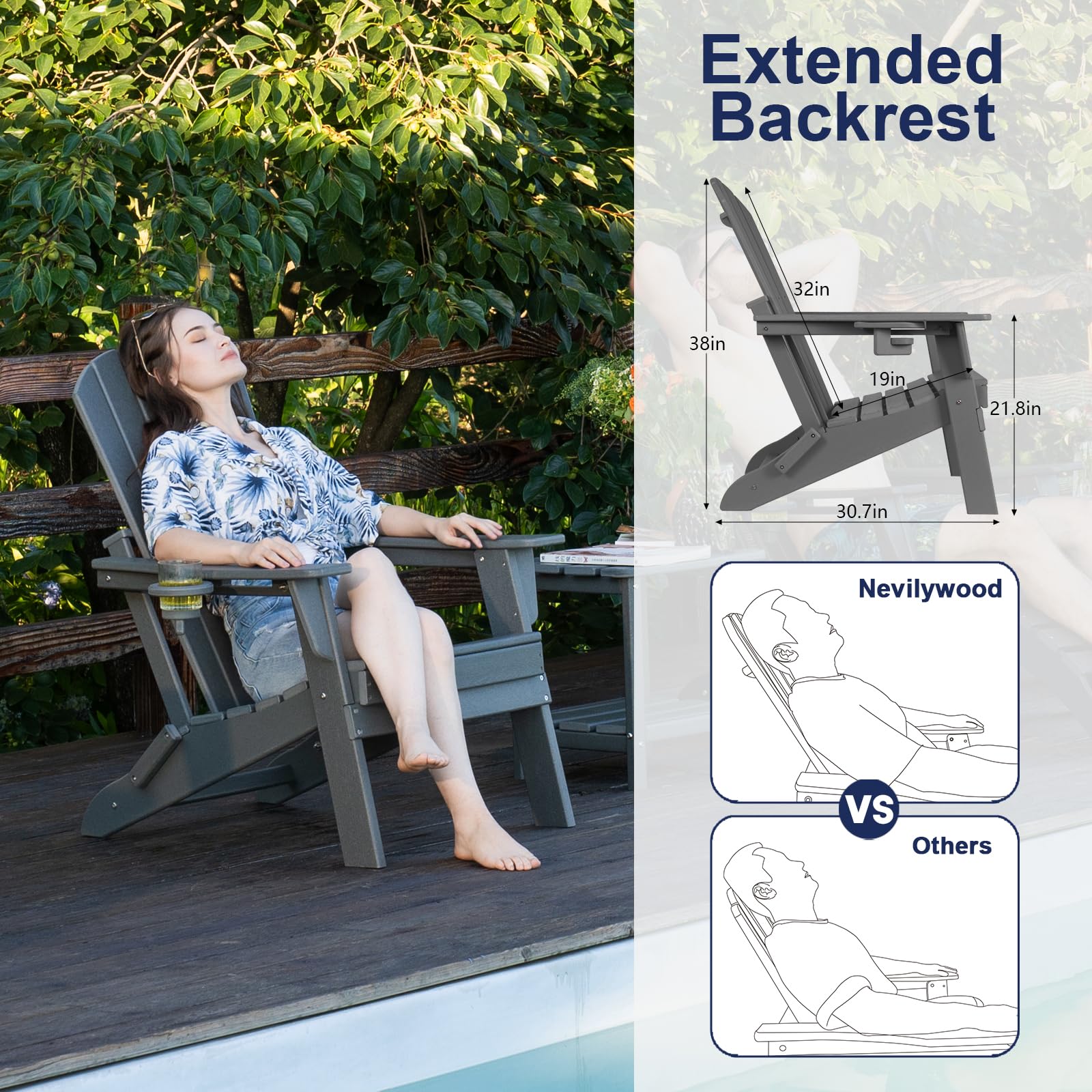 Premium Folding Adirondack Chair with Ergonomic Backrest - Heavy Duty 400lbs Capacity All-Weather HDPE Material - Low Maintenance Outdoor Patio Furniture with Cup Holder (Black) - Perfect for Backyard, Garden, Poolside & Camping Relaxation