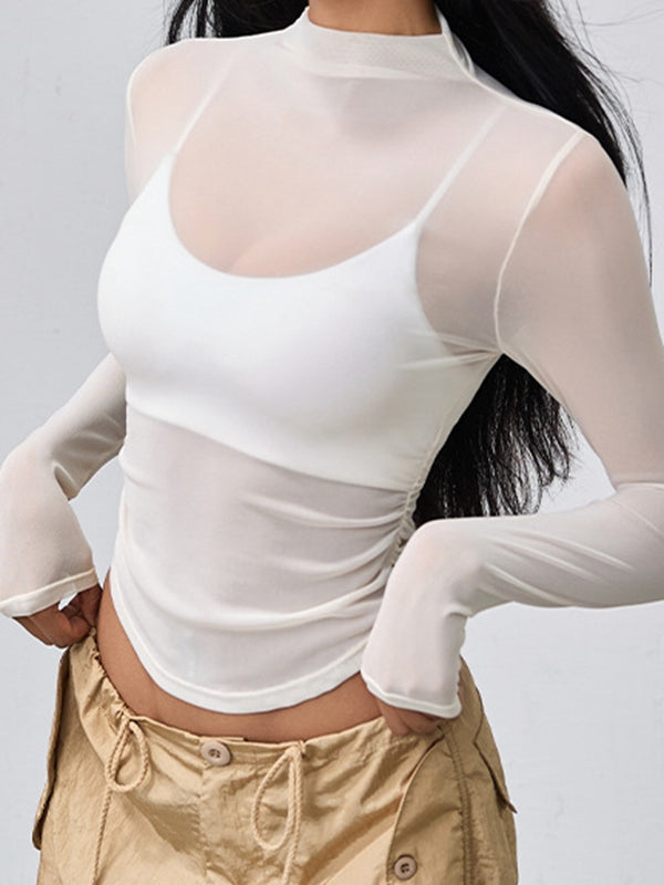 ZASUWA Women's Solid Color Sheer Mesh Long Sleeve Tops - Elegant Blouse for Party, Date Night & Office Wear
