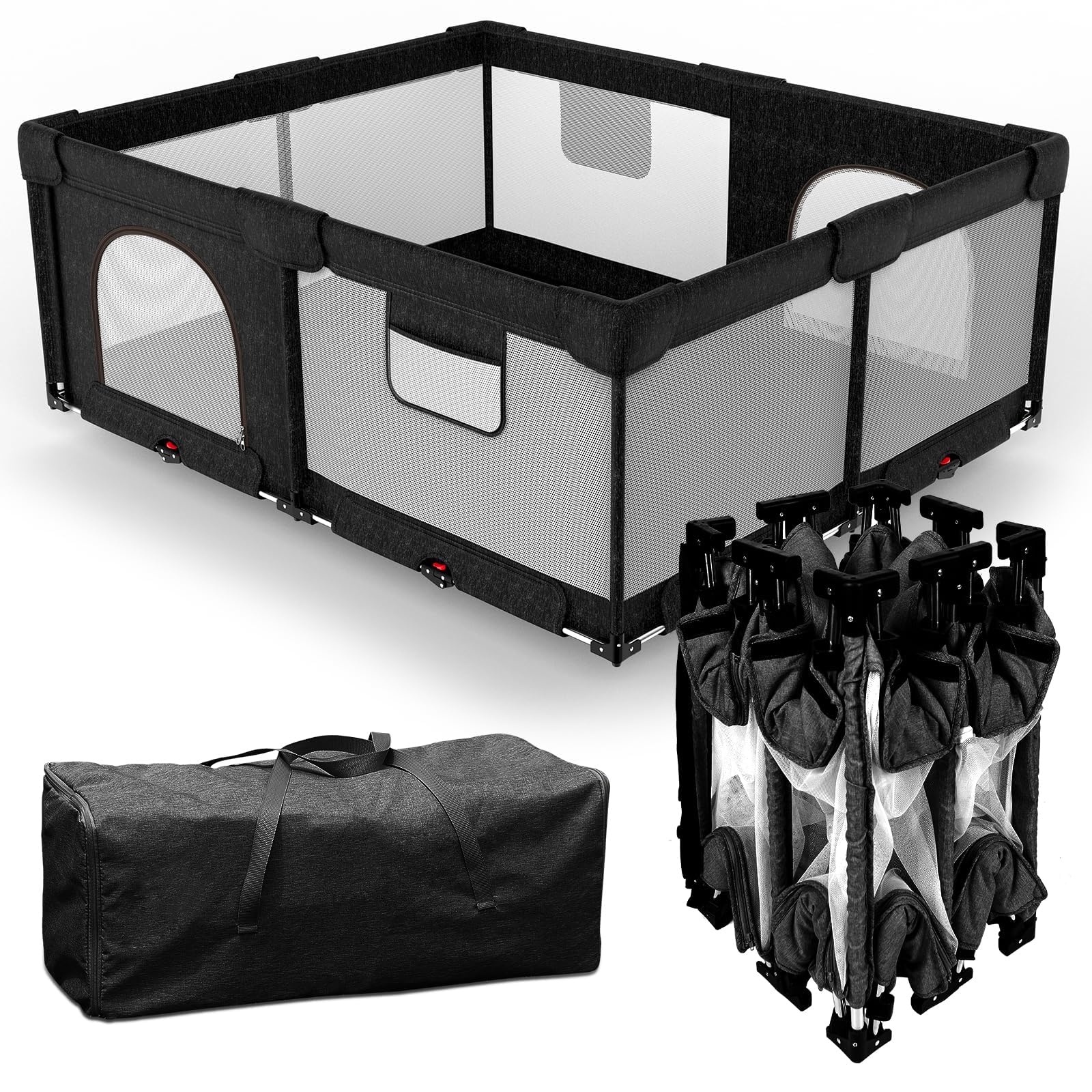 Foldable Baby Playpen - Extra Large Collapsible Play Yard for Babies & Toddlers with Safety Gate, Portable Travel Playpen for Indoor & Outdoor Use, Black 51