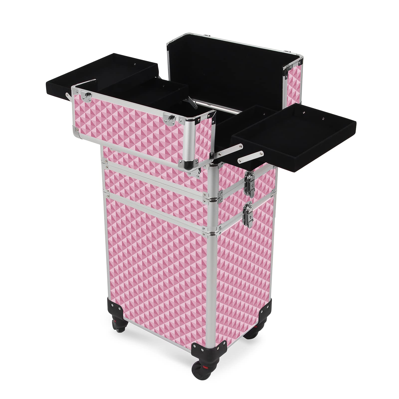 3-in-1 Professional Rolling Makeup Case with Lock & Wheels | Large Cosmetic Storage Trolley for Beauty Artists | Travel-Friendly Pink Train Case (0079) | Perfect for Salon, Mobile Makeup Services & Travel Organization