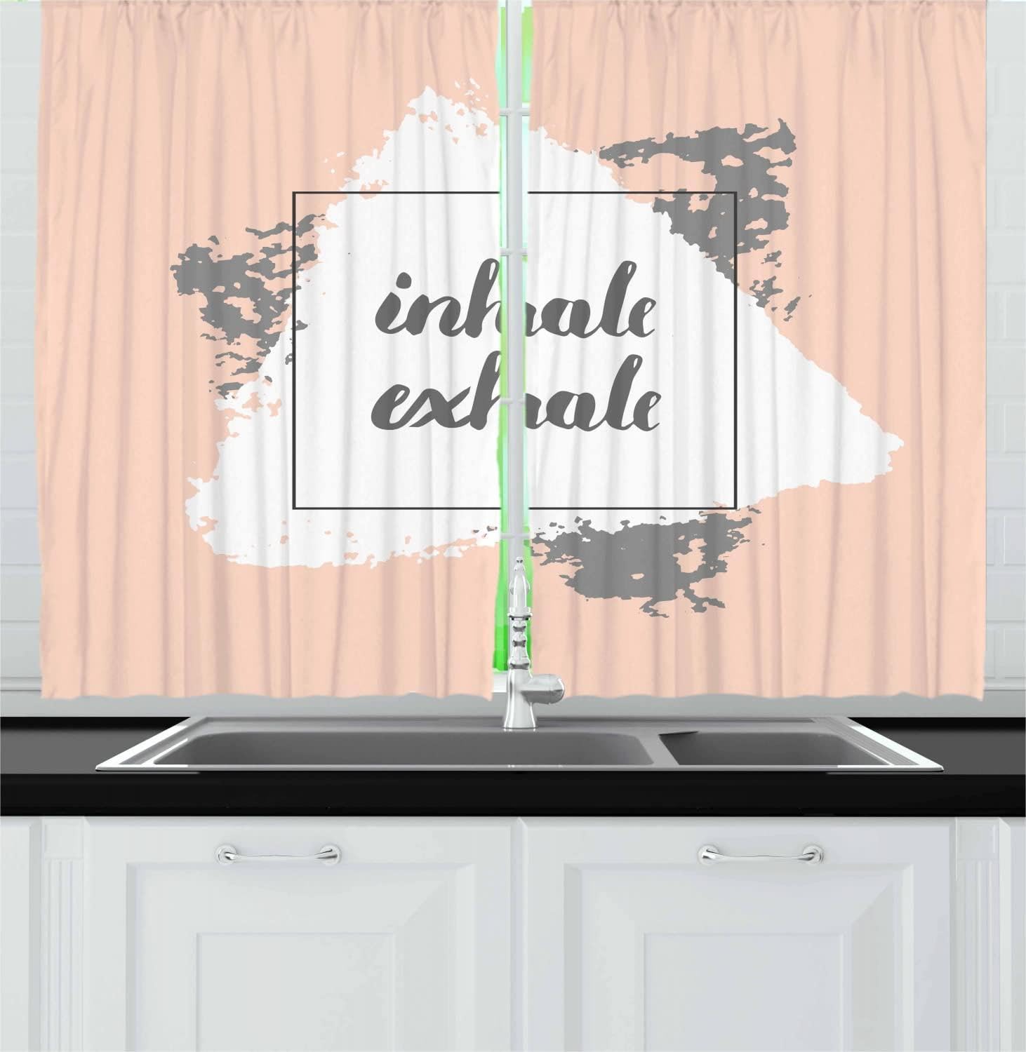 Ambesonne Inhale Exhale Long Kitchen Curtains - Grunge Paintbrush Sports & Message Soft Pattern, 2 Panels Drapes with Rod Pocket, 55x45 Inches, Pale Peach Grey White - Perfect for Boho Living Room, Bedroom & Office Decor