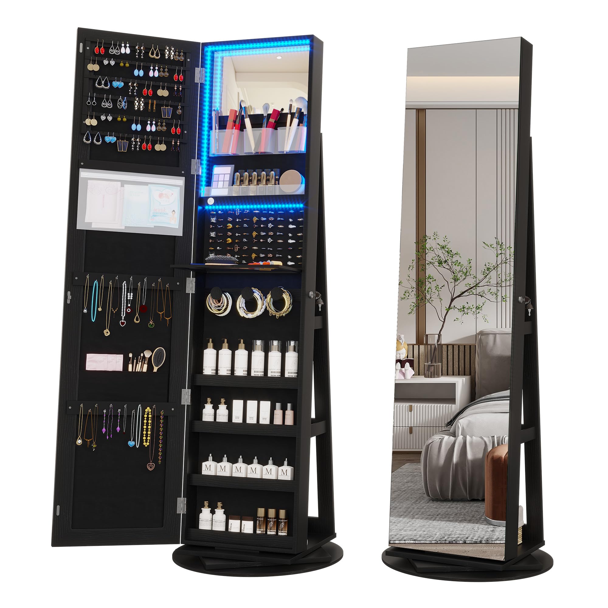 360° Swivel Jewelry Cabinet with LED Lights & Full-Length Mirror - Large Lockable Jewelry Armoire Organizer with Storage Shelves, Free Standing Mirror for Bedroom & Closet (Black) - Perfect for Jewelry Storage, Display & Dressing Room Organization