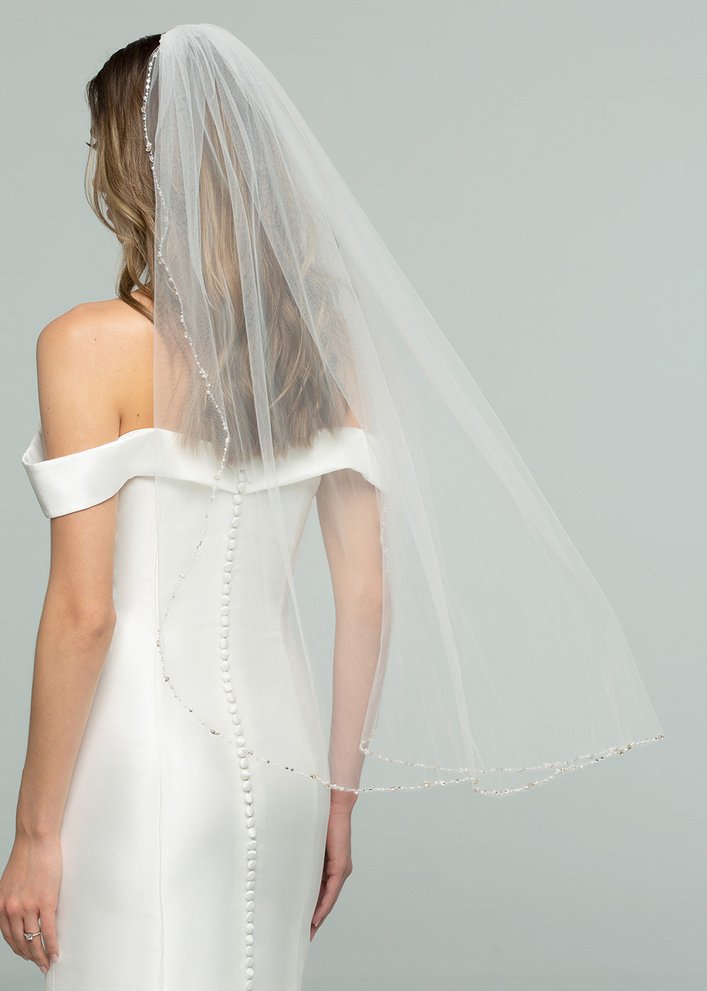 Elegant V1022 Fingertip Veil with Delicate Beading - Perfect for Weddings, Bridal Showers & Formal Events