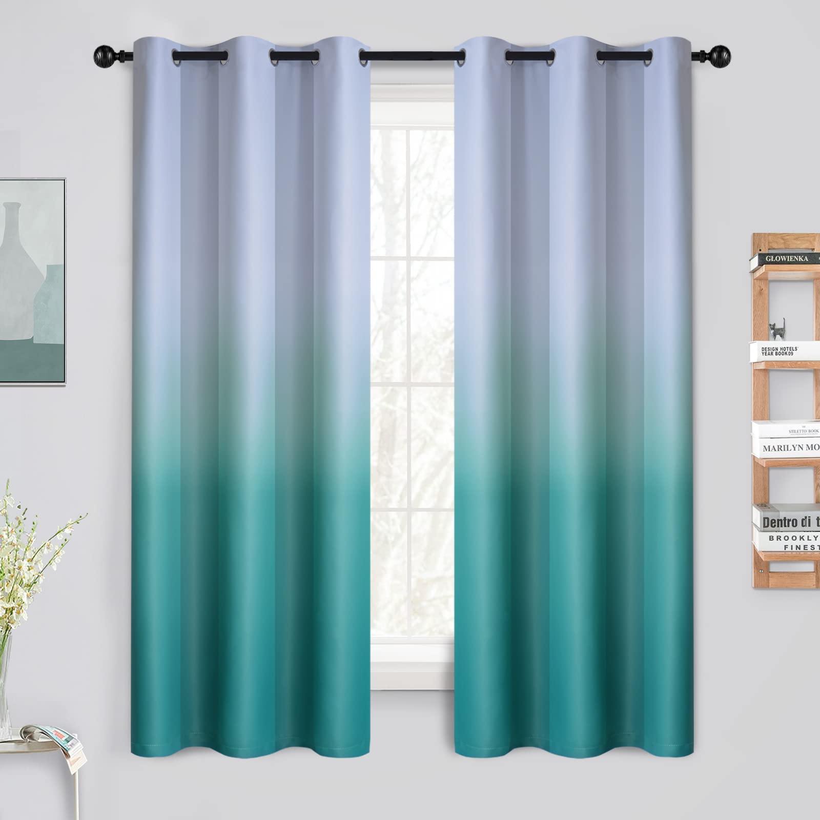 Yakamok Teal & Grey Ombre Blackout Curtains - Thermal Insulated Room Darkening Window Drapes with Grommet Top (2 Panels, 42x63 Inch) - Perfect for Bedroom, Living Room & Home Theater Light Control