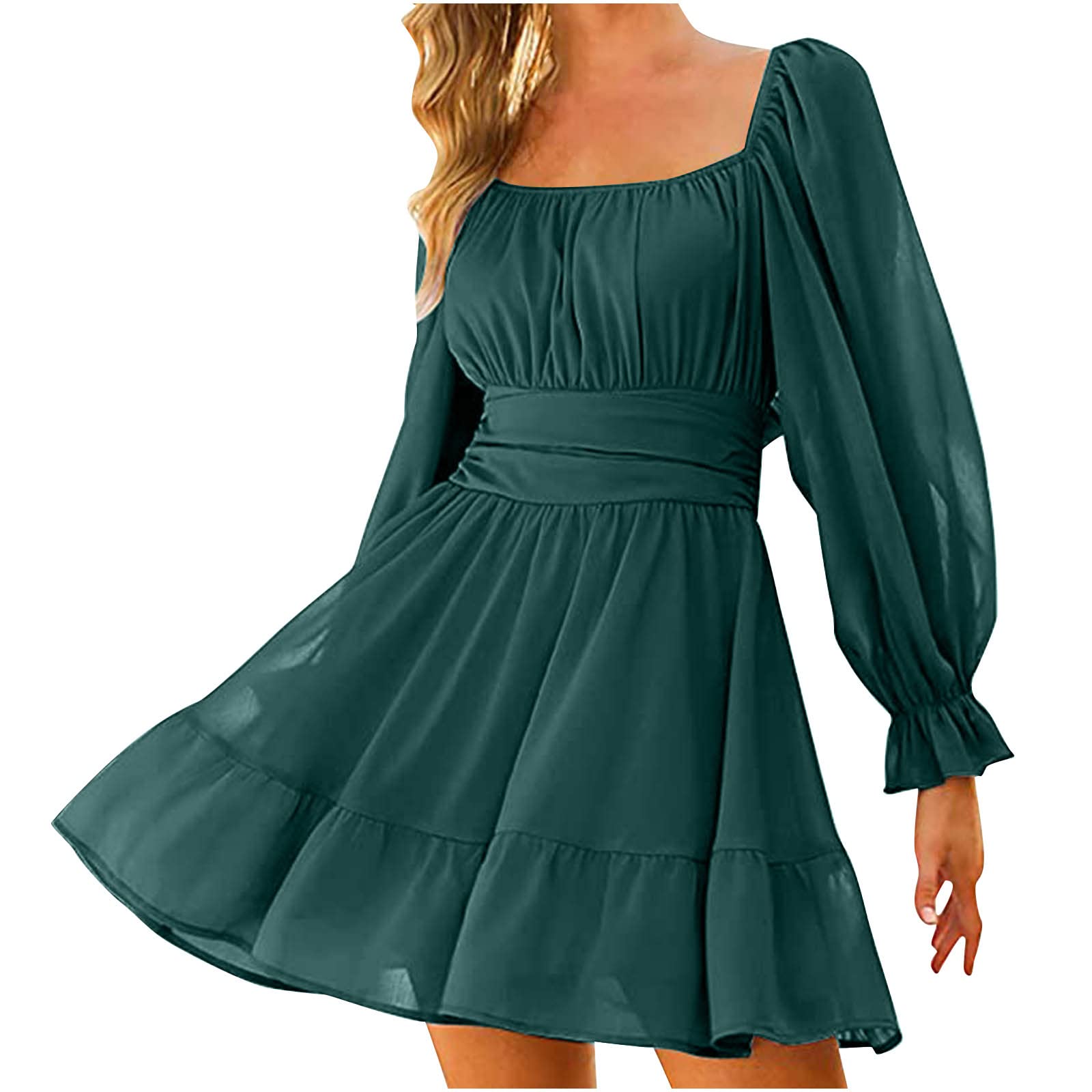 Elegant Long Sleeve Chiffon Dress for Women - Fall Mini Square Neck Pleated Puff Sleeve Flowy A-line Dress | Perfect for Office, Date Night & Special Occasions
