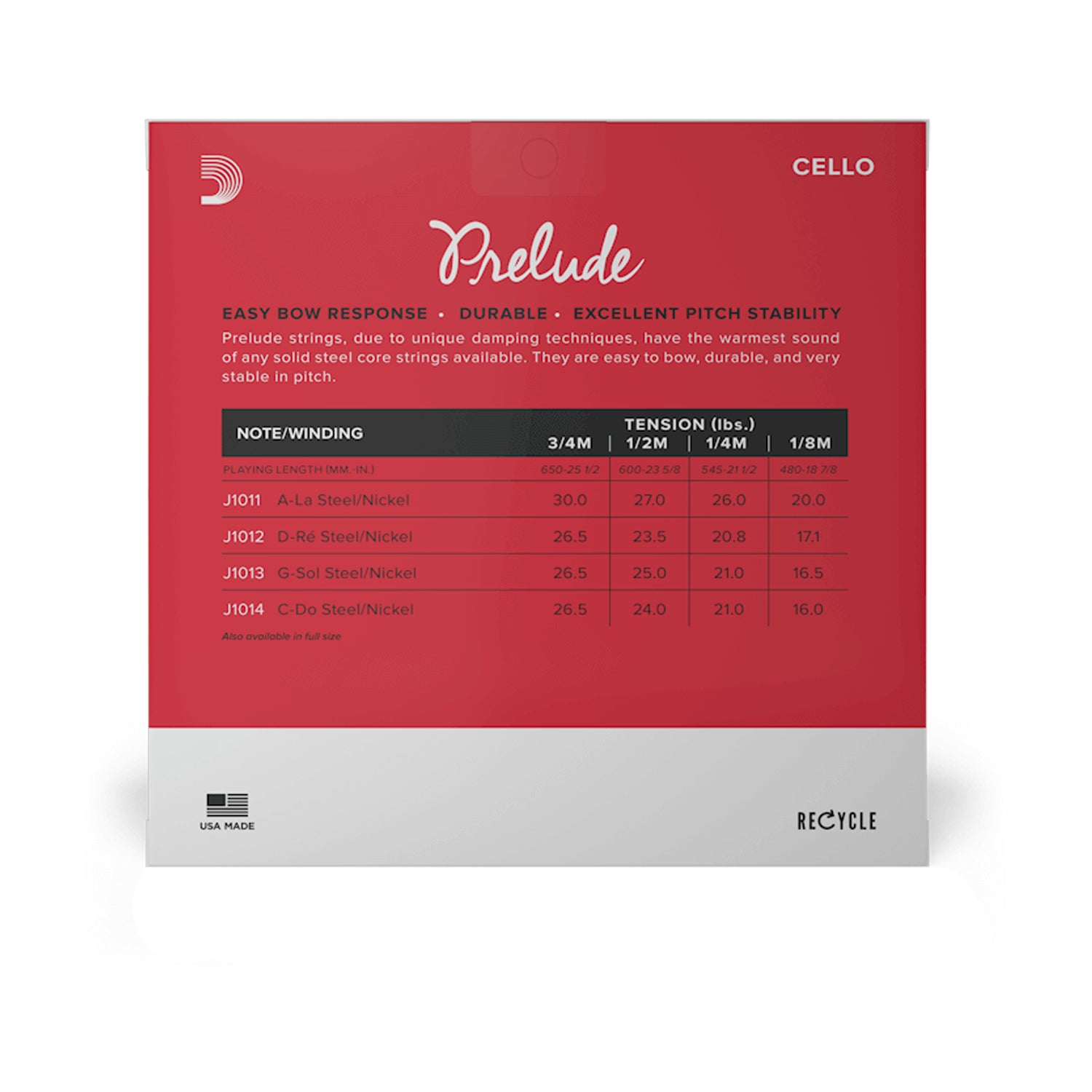 D'Addario J10103/4M Prelude Cello Strings - 3/4 Scale Medium Tension for Student & Intermediate Players | Perfect for Practice, Performances & Orchestral Use