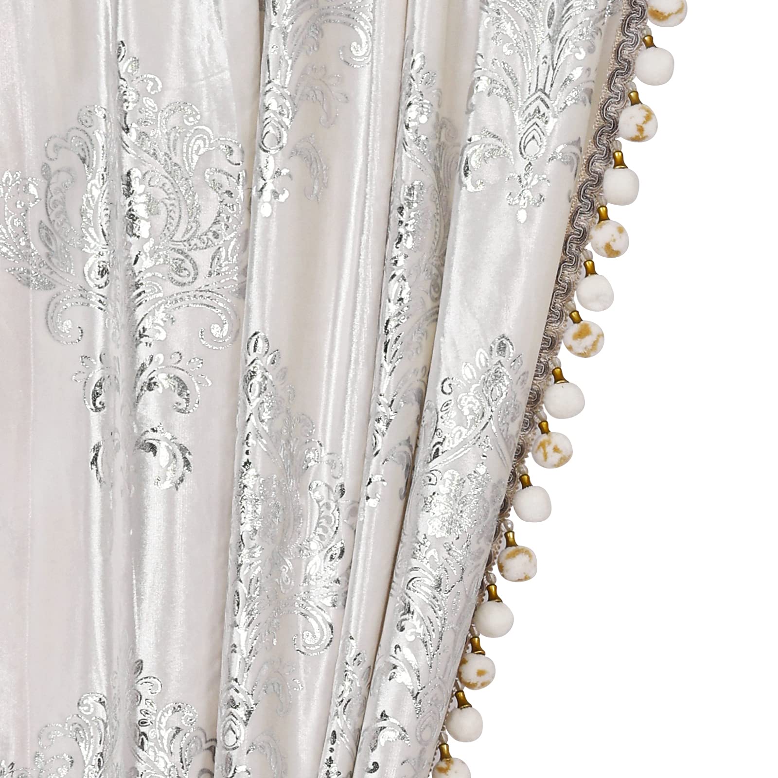 Luxury White Pom Poms Lined Velvet Blackout Curtains Set - 2 Panels, Foil Silver Trim, 52x96 Inches - Elegant Tassel Bedroom & Living Room Drapes for Light Blocking & Privacy
