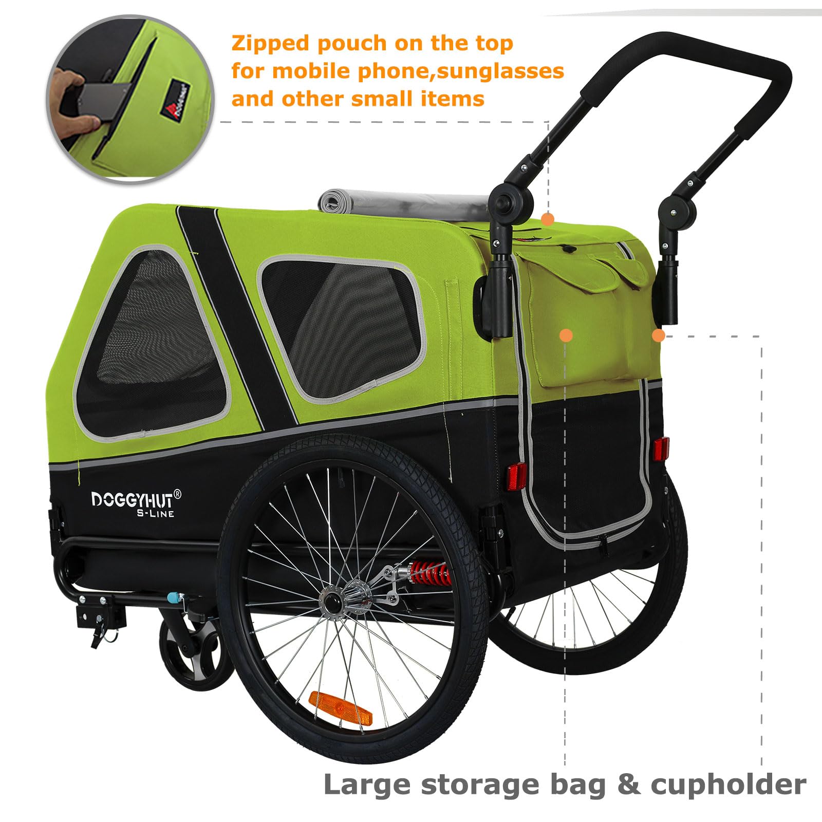 DOGGYHUT® S-Line XL Pet Bike Trailer & Stroller for Large Dogs Up to 100 lbs - Foldable Dog Cart with Suspension Wheels, Low Center Gravity & Parking Brake - Perfect for Cycling, Jogging & Outdoor Adventures with Your Dog