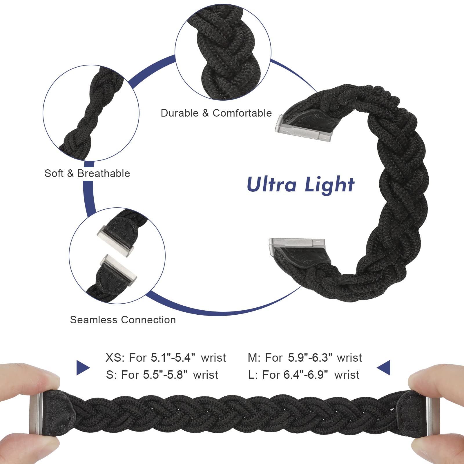 Premium Elastic Braided Solo Loop Band for Fitbit Sense/Versa 3/Sense 2/Versa 4 - Slim Stretchy Woven Wristband Accessory for Women (Black, Small) | Comfortable Fitness Tracker Replacement Strap for Workouts, Running & Daily Wear