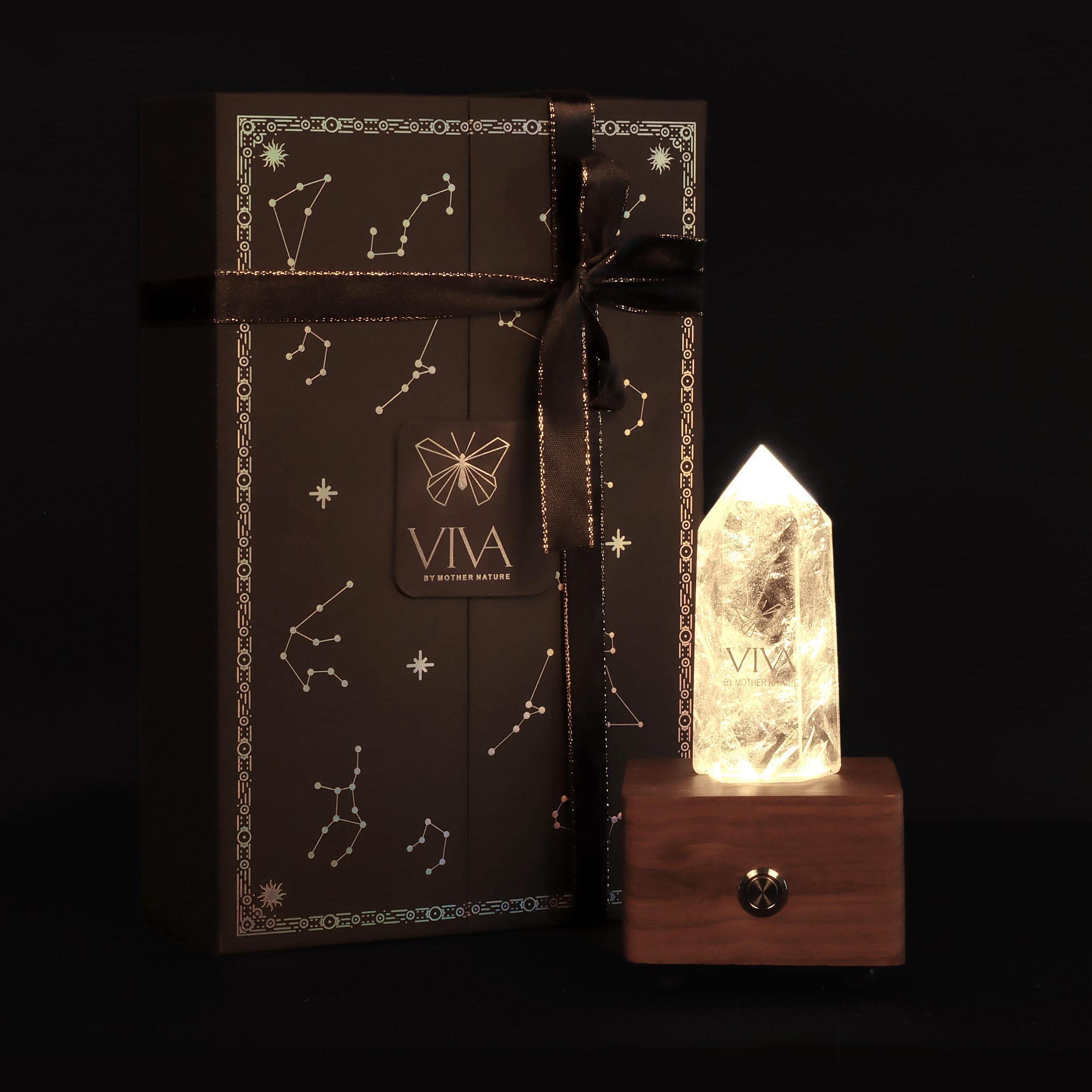 Piezoelectric Night Light with Natural Healing Crystal Quartz Point - Meditation, Manifestation, Bluetooth Speaker & Crystal Decor - Unique Dimmable Lamp for Bedroom, Yoga, and Relaxation