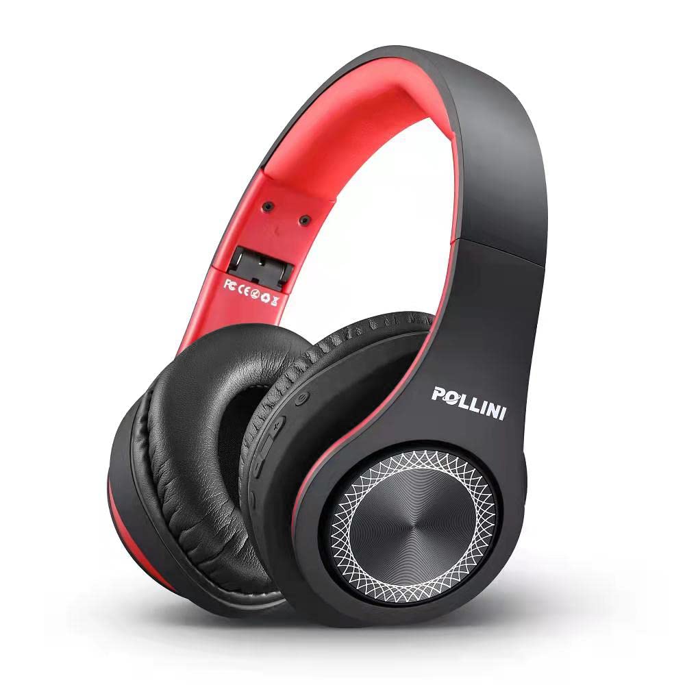 Pollini 40H Wireless Bluetooth Headphones - 40H Playtime, Foldable Over-Ear Headset with Mic, Deep Bass Stereo & Memory-Protein Earmuffs for Phone/PC (Red) | Perfect for Travel, Workouts & Home Office Use