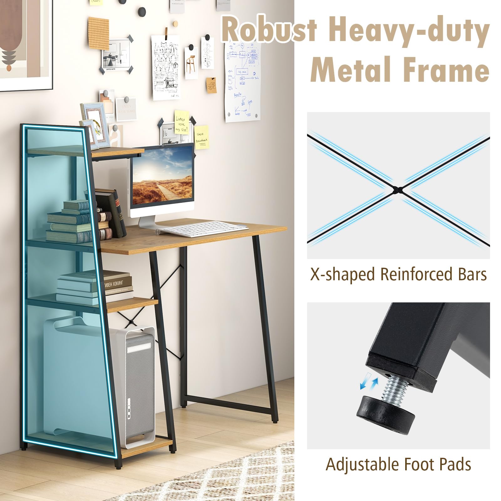 COSTWAY 47.2'' Computer Desk with 4-Tier Storage Shelves | Home Office Writing Desk with X-Shape Frame & Adjustable Feet | Modern Study Desk with Wide Tabletop (Natural/Black) for Small Spaces, Dorm Rooms & Home Offices