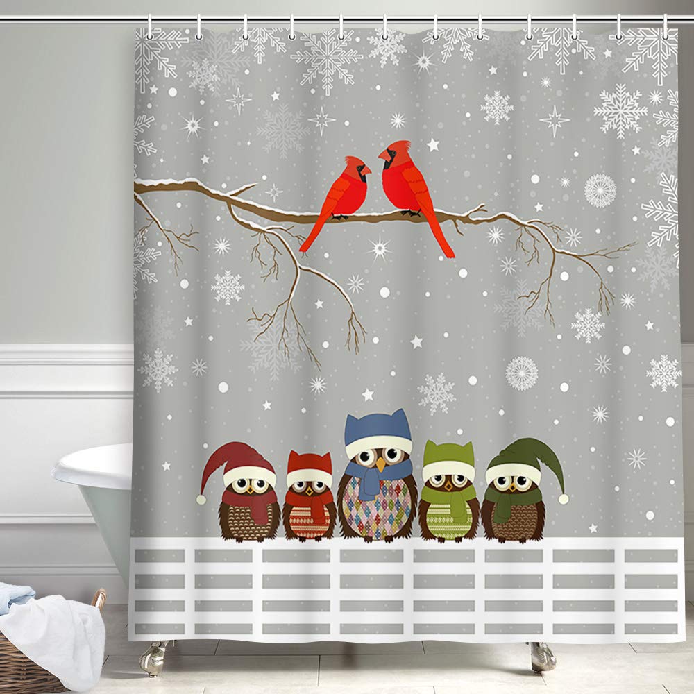 Grey Christmas Shower Curtain with Snowflakes & Red Cardinals - Winter Holiday Bathroom Decor with Colorful Owl & Snowy Tree Design (69x70 inches) - Perfect for Festive Bathroom Decorations & Seasonal Home Styling