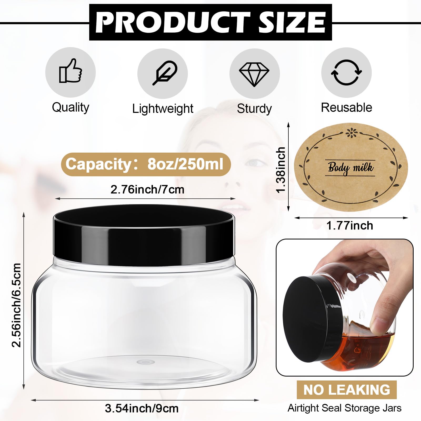 Lallisa 42-Piece 8 oz Clear Plastic Jars with Black Lids & Labels - Round Refillable Cosmetic Containers for Body Butter, Sugar Scrubs, Lotions & Creams | Perfect for DIY Skincare, Bath Products & Home Organization