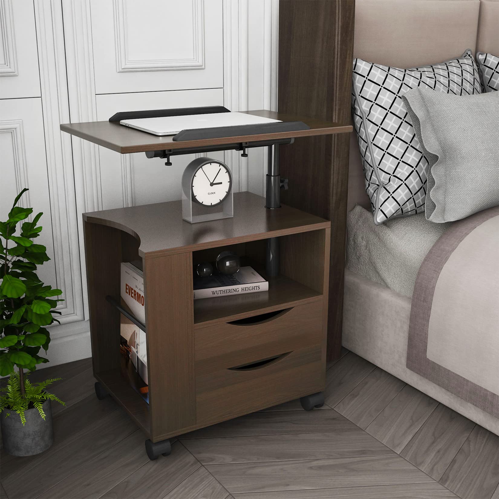 Adjustable Swivel Tilt Nightstand with Storage Drawers & Wheels - Multifunctional Bedside Table, Laptop Cart, and End Table with Magazine Holder - Perfect for Home Office, Bedroom, and Small Spaces (Black Walnut)