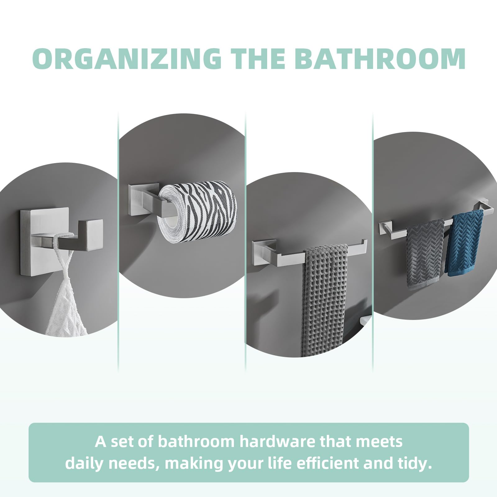 Suyar Brushed Nickel 4-Piece Bathroom Hardware Set - 304 Stainless Steel Robe Hook, Toilet Paper Holder, Towel Holder & Towel Bar - Wall Mounted Bathroom Accessories for Modern Home Decor & Spa-Like Experience