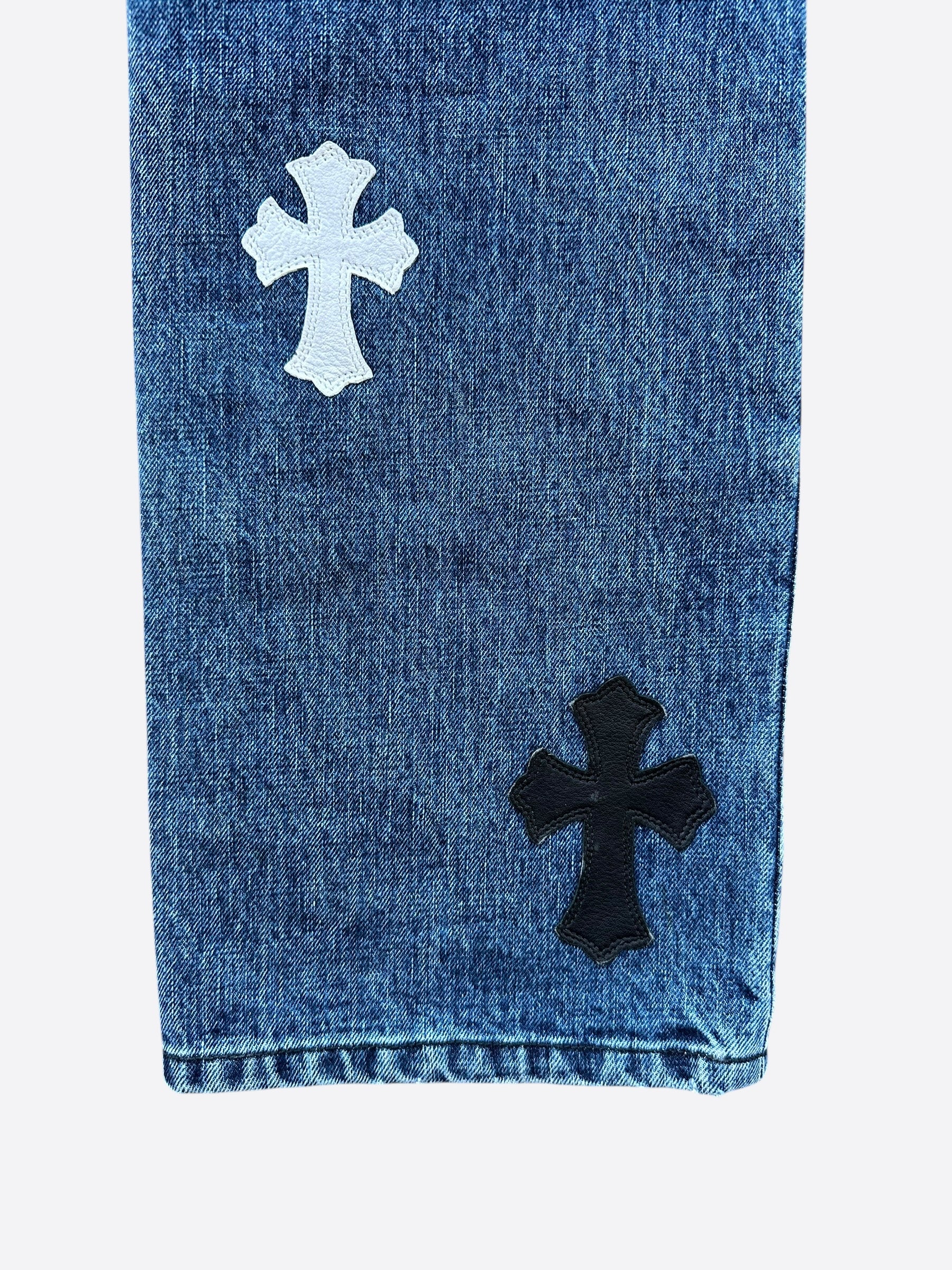 Chrome Hearts Blue Multicolor Cross Patch Jeans for Men & Women - Stylish Distressed Denim Pants with Embroidered Cross Design - Perfect for Casual Wear, Street Style & Fashion Outfits