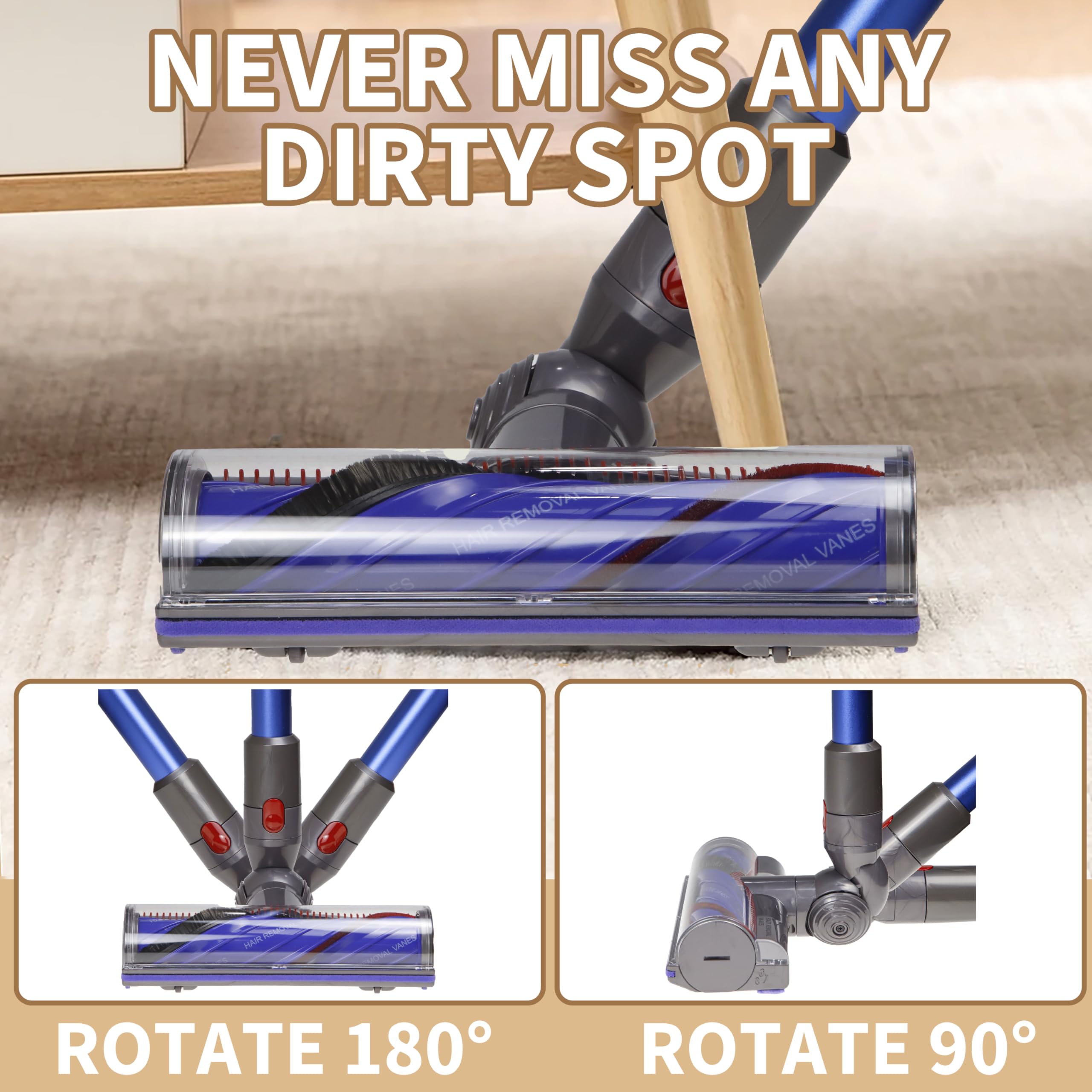 Upgrade Anti-Tangle Vacuum Cleaner Head Replacement for Dyson V8 V10 V11 V15 - Direct Drive Brush Roll for Carpets, Rugs & Hardwood Floors - Perfect for Pet Hair, Dust & Deep Cleaning