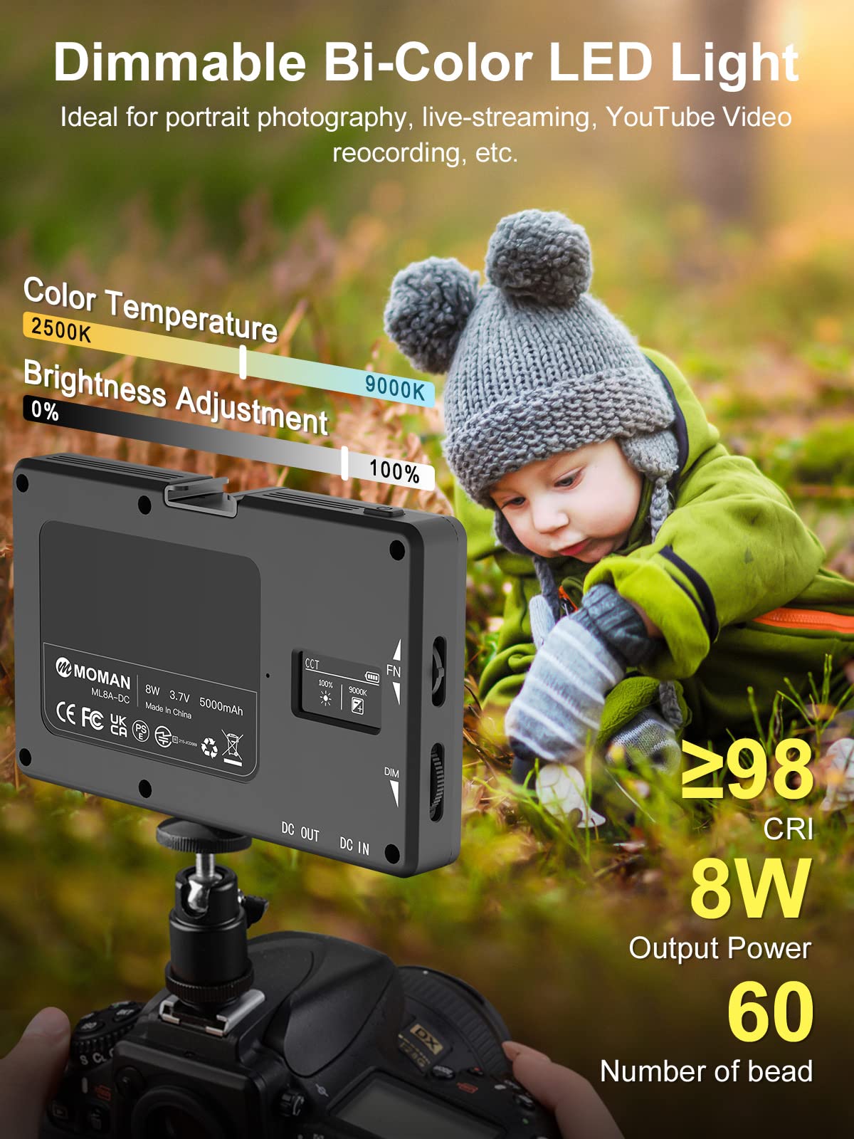 Professional LED Video Light for Photography & Videography - Moman Portable 5000mAh Camera Light with Cold Shoe Mount, CRI 98+ Dimmable 2500-9000K - Perfect for YouTube, Vlogging, Live Streaming & Studio Lighting