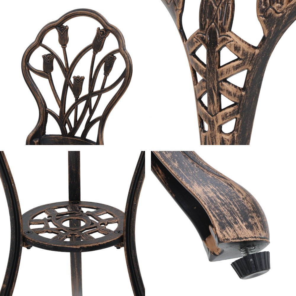 3-Piece Outdoor Bistro Set with Cast Aluminum Chairs & Table - Bronze Tulip Design - Perfect for Patio, Garden, and Balcony Dining