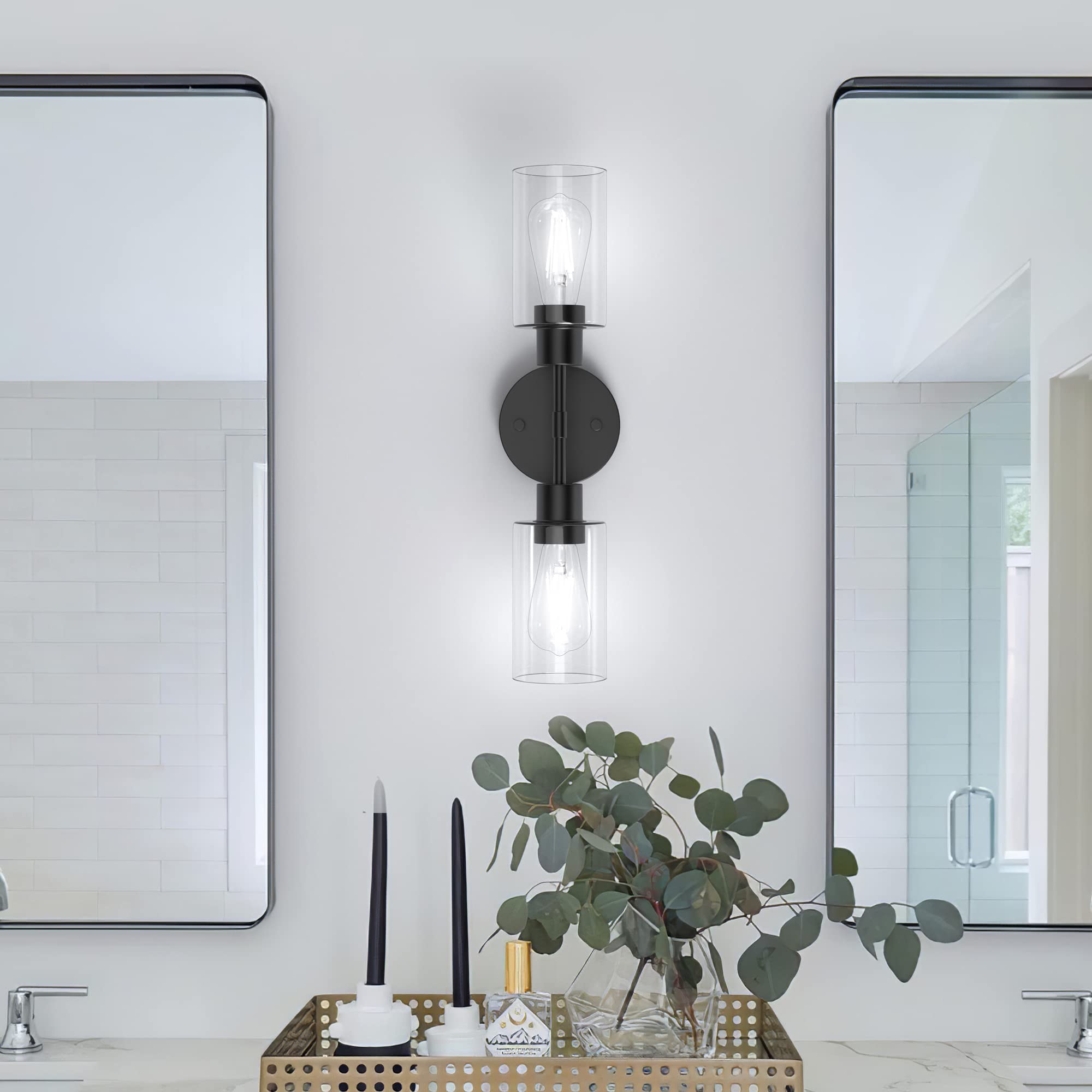 Espird Black Bathroom Vanity Lights - 2 Light Wall Sconce with Clear Glass Shades, Farmhouse Matte Black Finish, Modern Over Mirror Lighting for Bathroom, Bedroom, or Dressing Room