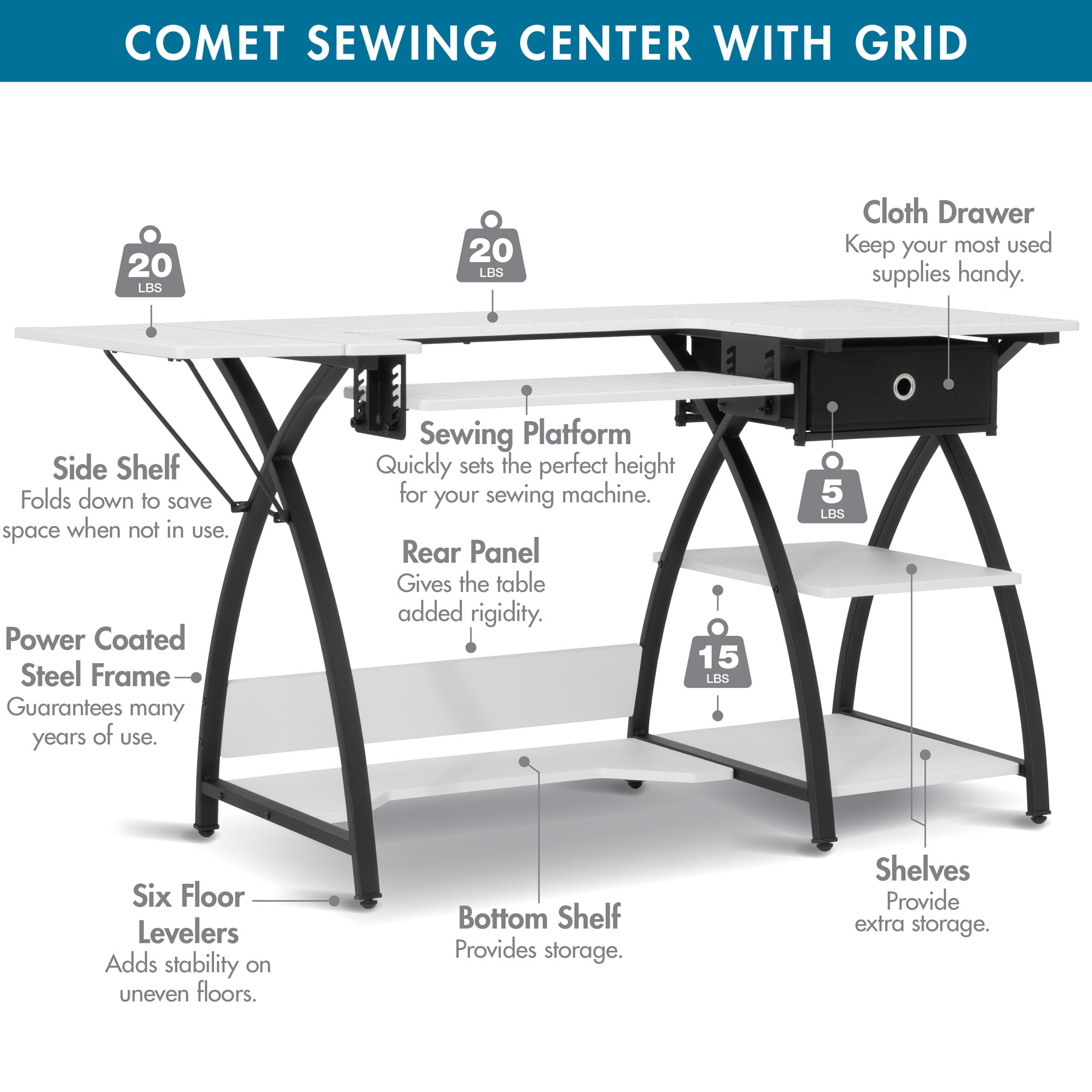 Sew Ready Comet Drawer Top Sewing Table with Black/White Grid - Perfect for Quilting, Crafting & Home Sewing Projects