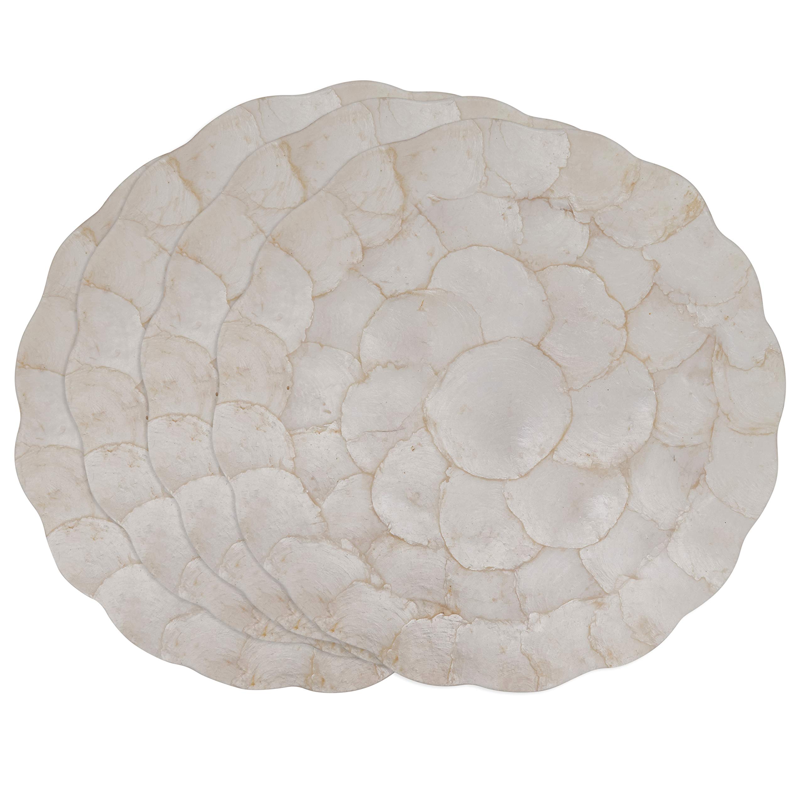 SARO LIFESTYLE Scalloped Capiz Placemats Set of 4 - 15 Inch Round Ivory Shell Dinner Place Settings for Elegant Dining, Wedding Decor, and Coastal Home Table Setting