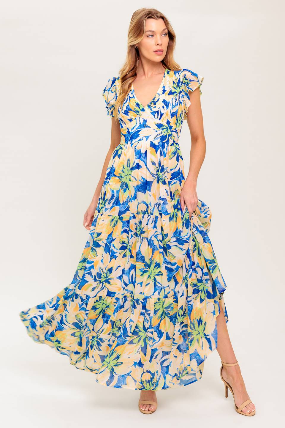 BRIDGEPORT Blue Floral Maxi Dress for Women - Summer Boho Beach Dress with Long Sleeves - Perfect for Vacation, Party & Casual Wear