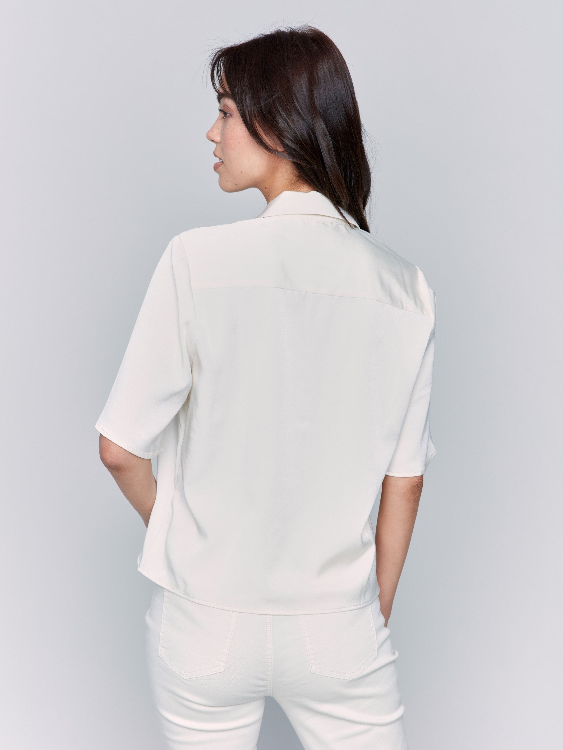 Elegant Short Sleeve Satin Button Up Shirt for Women - Soft Ecru Blouse for Casual & Office Wear | Summer Fashion Top for Work, Date Night & Outdoor Events