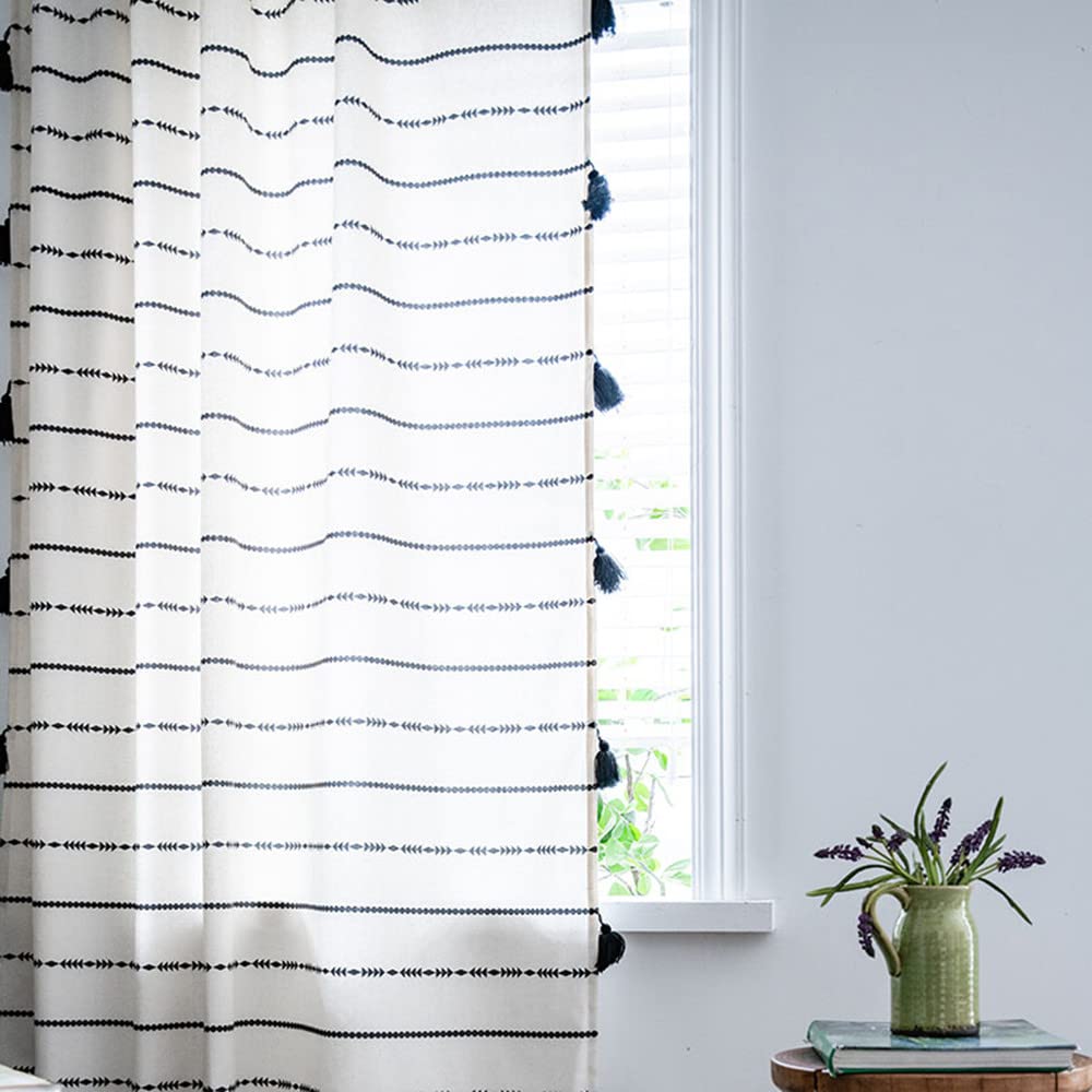 Black and White Striped Tassel Kitchen Valances for Windows - 59W x 84L Pairs, Perfect for Modern Farmhouse and Coastal Home Decor