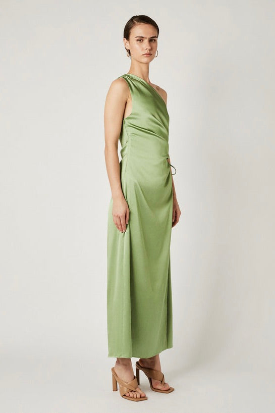Ariel Light Basil One Shoulder Midi Dress for Women - Elegant Summer Party Cocktail Dress for Weddings, Date Nights & Special Occasions