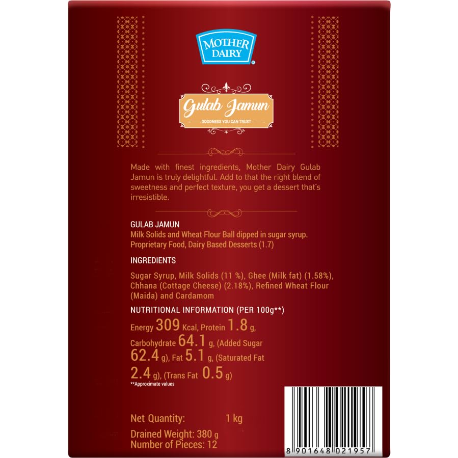 Mother Dairy Gulabjamun - Premium Indian Sweet Dessert, 1000g Box | Perfect for Festivals, Diwali Gifts & Family Celebrations