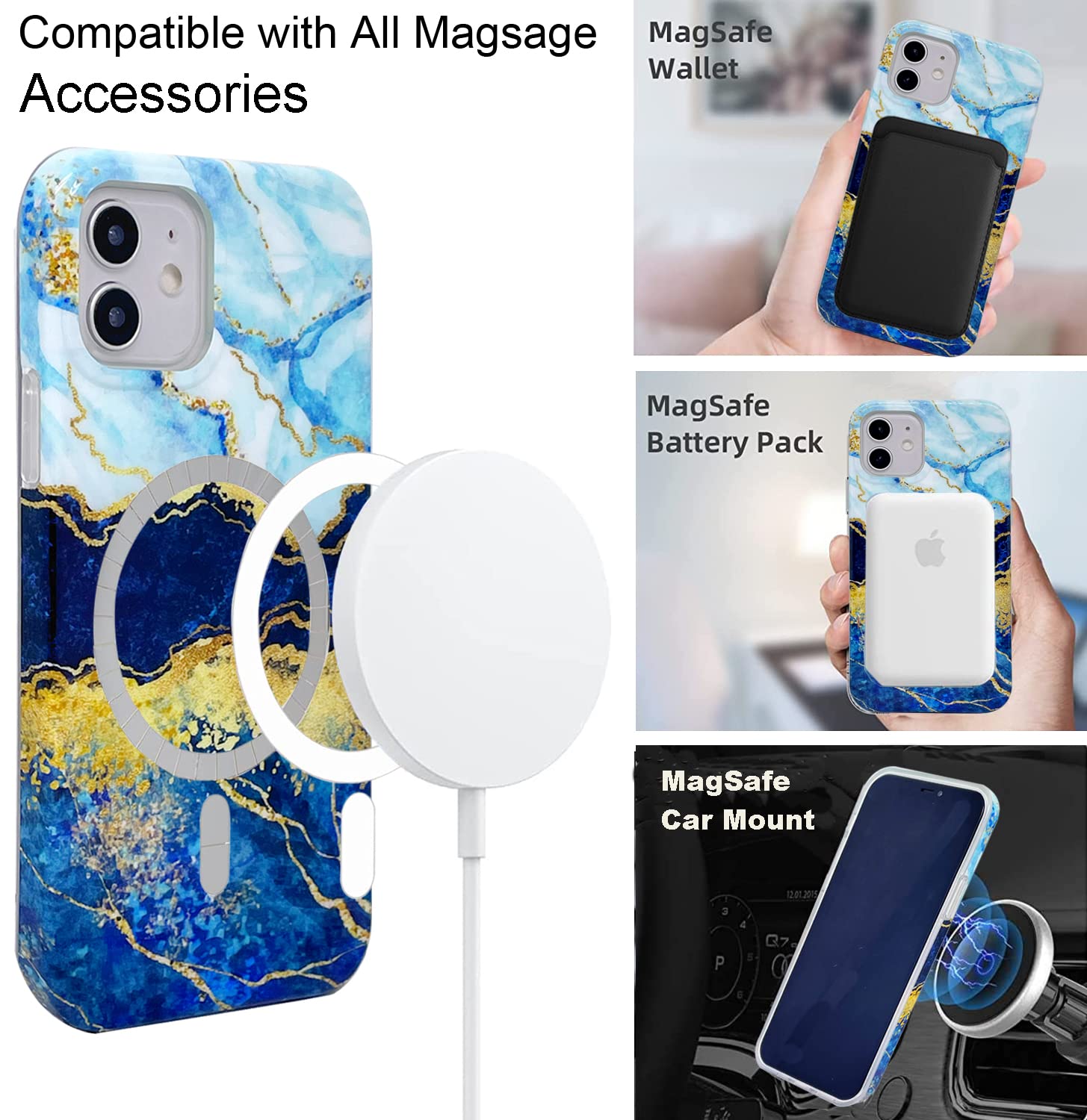 Magnetic Case for iPhone 12 & iPhone 12 Pro 6.1 Inch | Slim Shockproof TPU Cover with MagSafe Charging | Cute Abstract Blue Gold Marble Design | Includes Screen Protector | Perfect for Daily Use & Travel Protection