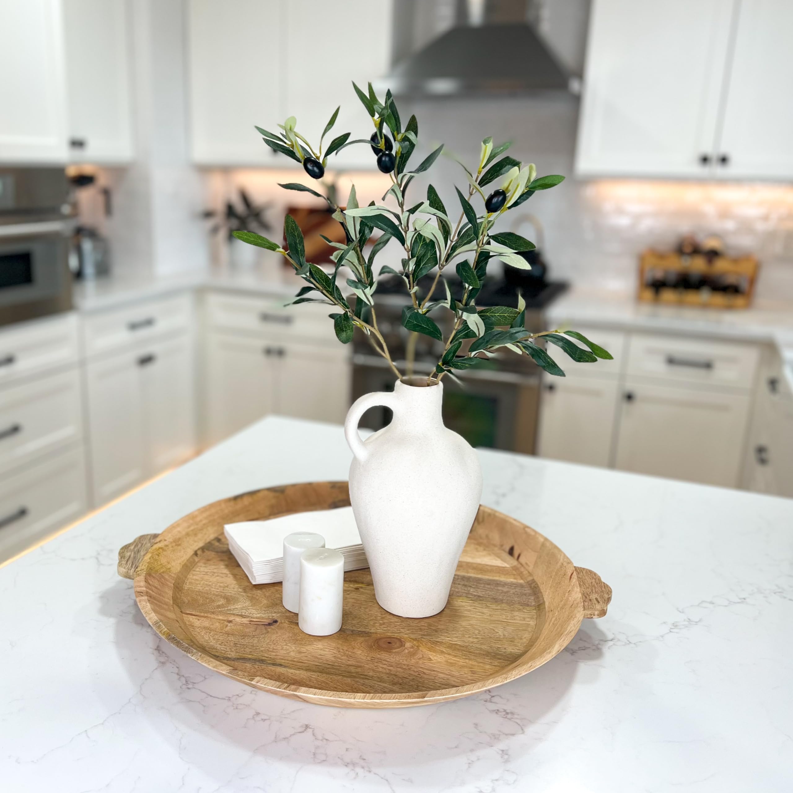10 Inch Textured Ceramic Vase with 22 Inch Artificial Olive Branches - White Minimalist Home Decor, Fake Plants for Shelf & Office, Luxury Gift Set for Housewarming, Wedding, Birthday (High-End Neutral Decor)