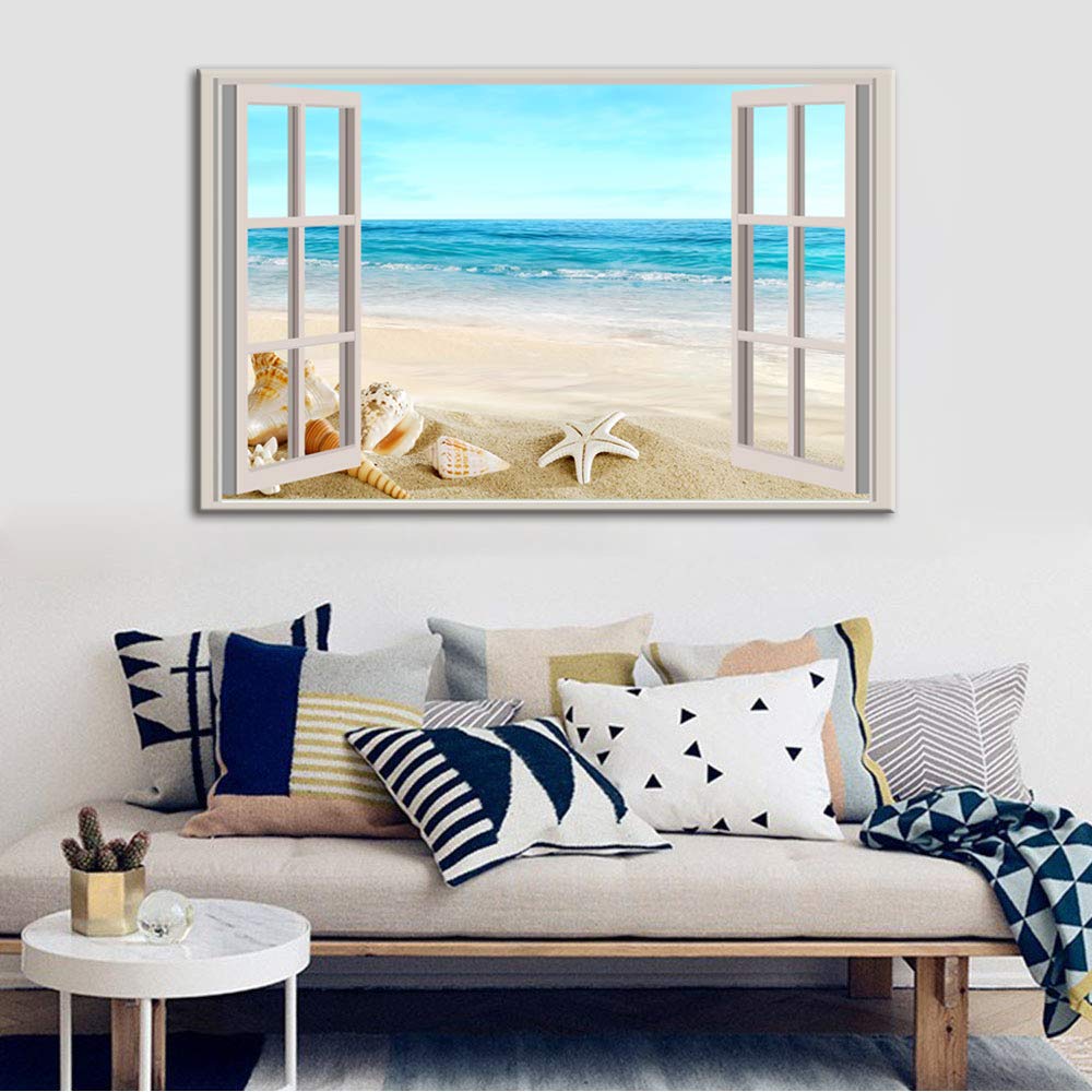 Premium Canvas Wall Art - Framed Seashell Seascape Giclee Painting for Living Room Decor | Coastal Beach Theme Home Wall Decorations | Perfect for Beach House, Bedroom & Office Wall Art
