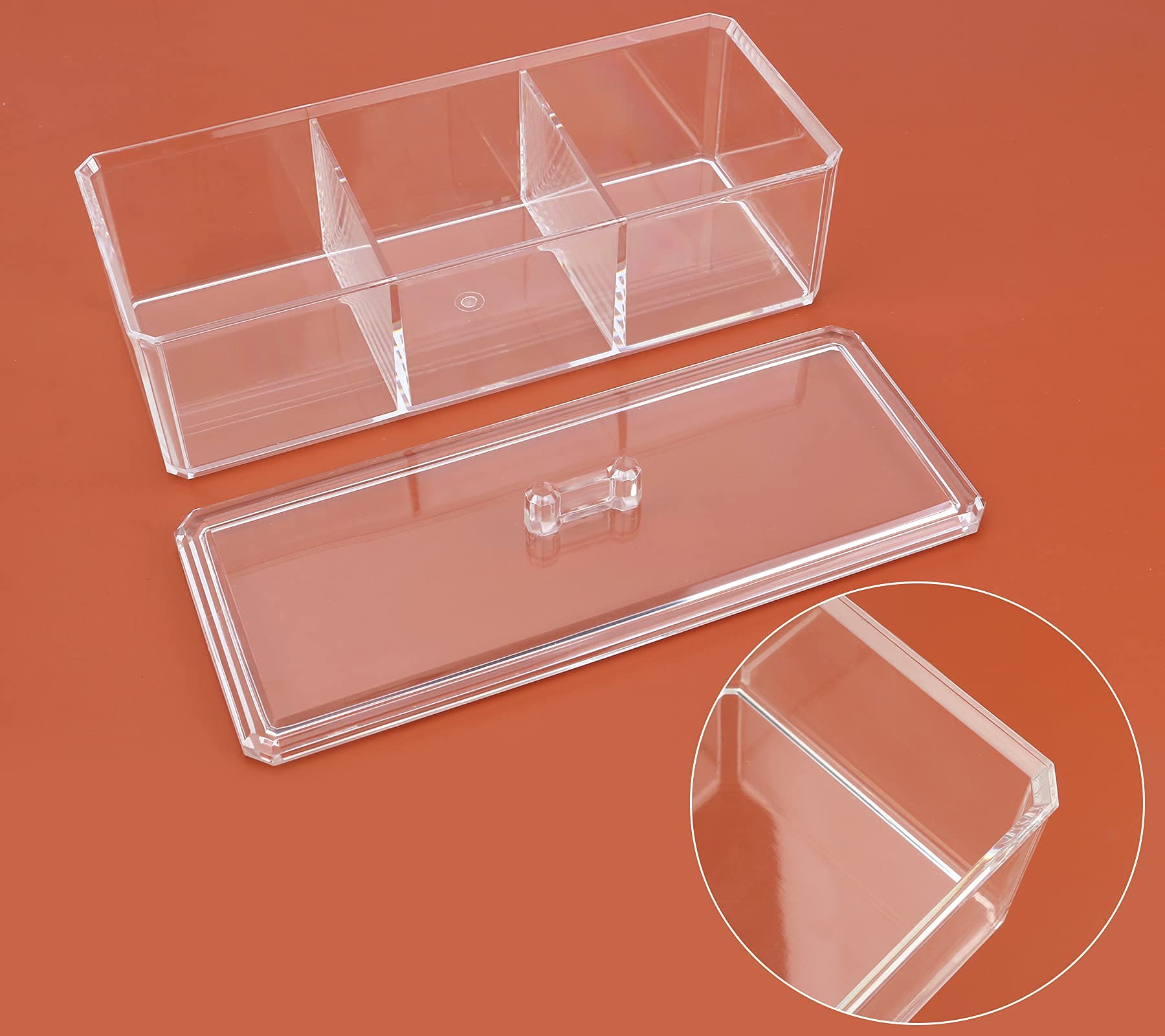 Clear Acrylic Drawer Organizer with Lid - 3 Compartment Makeup Storage Box for Vanity Desk, Bathroom & Jewelry Display - 9.17x3.7x3.46 Inch Small Item Organizer - Perfect for Cosmetics, Office Supplies & Craft Storage