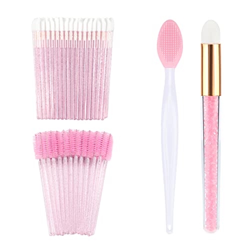 102PCS Glitter Crystal Lip Brush & Eyelash Brushes Set - Double Sided Silicone Lip Scrub Brush & Lash Shampoo Brushes for Eyelash Extensions (Baby Pink) - Perfect for Makeup Artists & DIY Beauty Care at Home